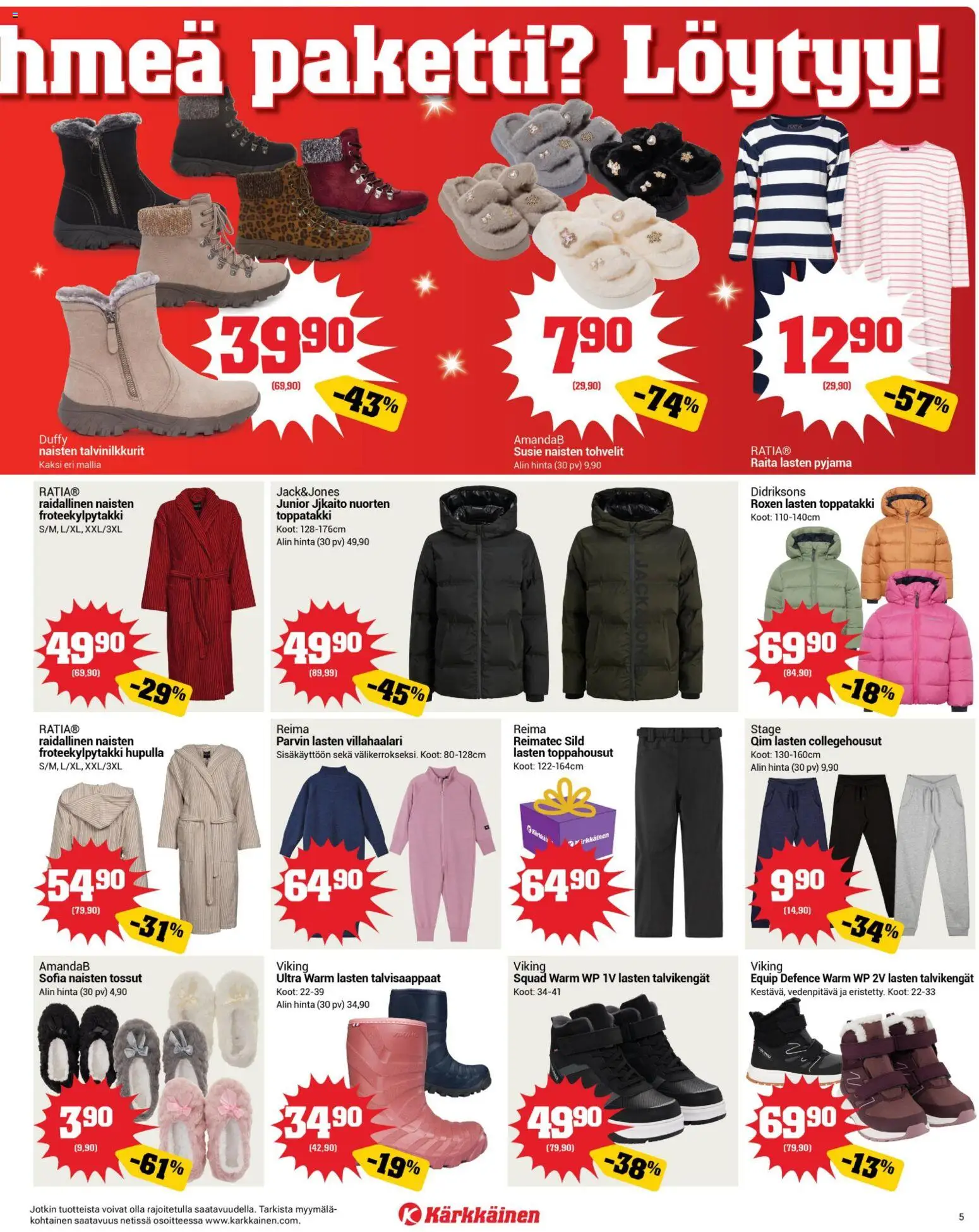 Kärkkäinen tarjoukset – voimassa 05.11.2025 alkaen | Sivu: 5 | Tuotteet: Pyjama, Talvikengät, Tossut, Toppatakki