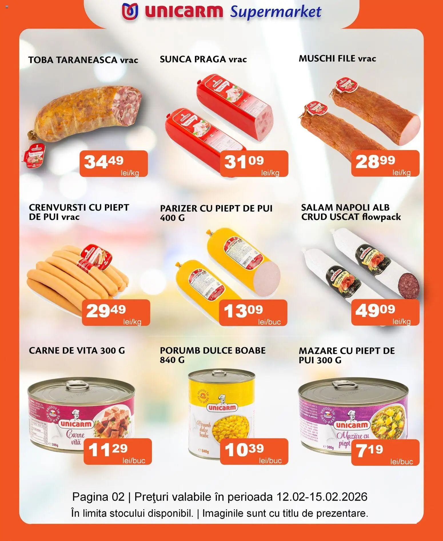 Noul catalog Unicarm – valabil de la 12.02.2026 | Pagină: 2 | Produse: Mazăre, Salam, Carne De Vită, Parizer