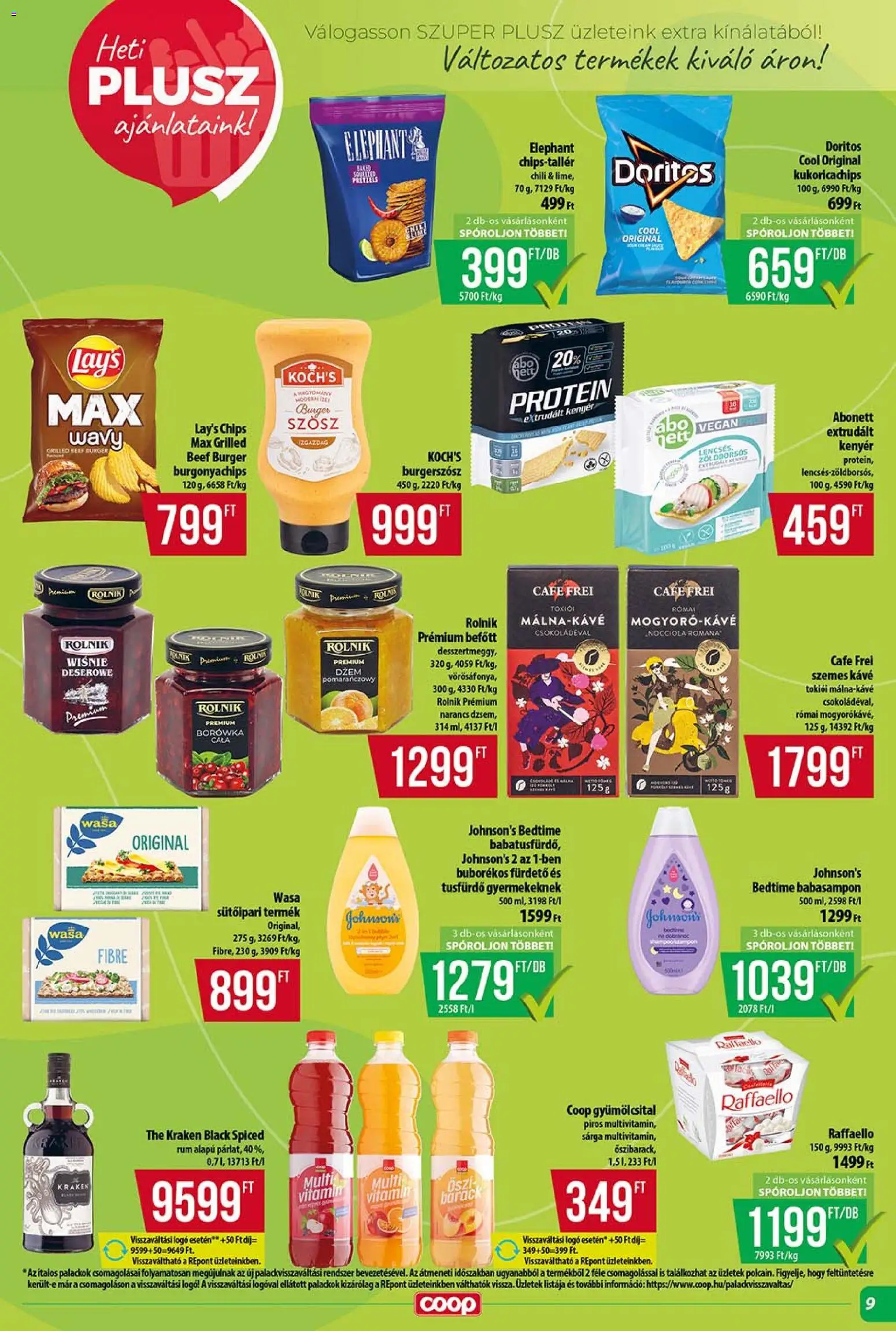 COOP akciós ujság - amely érvényes a következő dátumtól: 13.11.2025 | Oldal: 9 | Termékek: Chips, Raffaello, Rum, Vegán