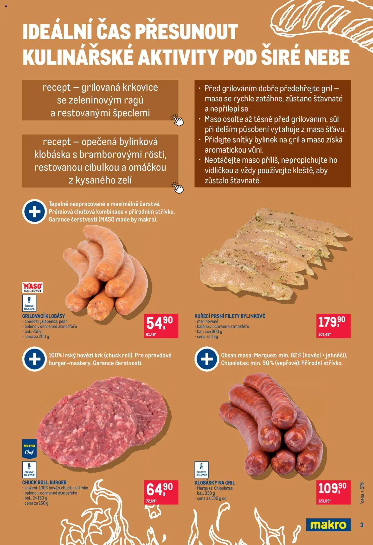 Makro leták - Pro milovníky jídla od 22.04.2026 | Strana: 3 | Produkty: Burger, Krkovice, Klobásky, Cheddar