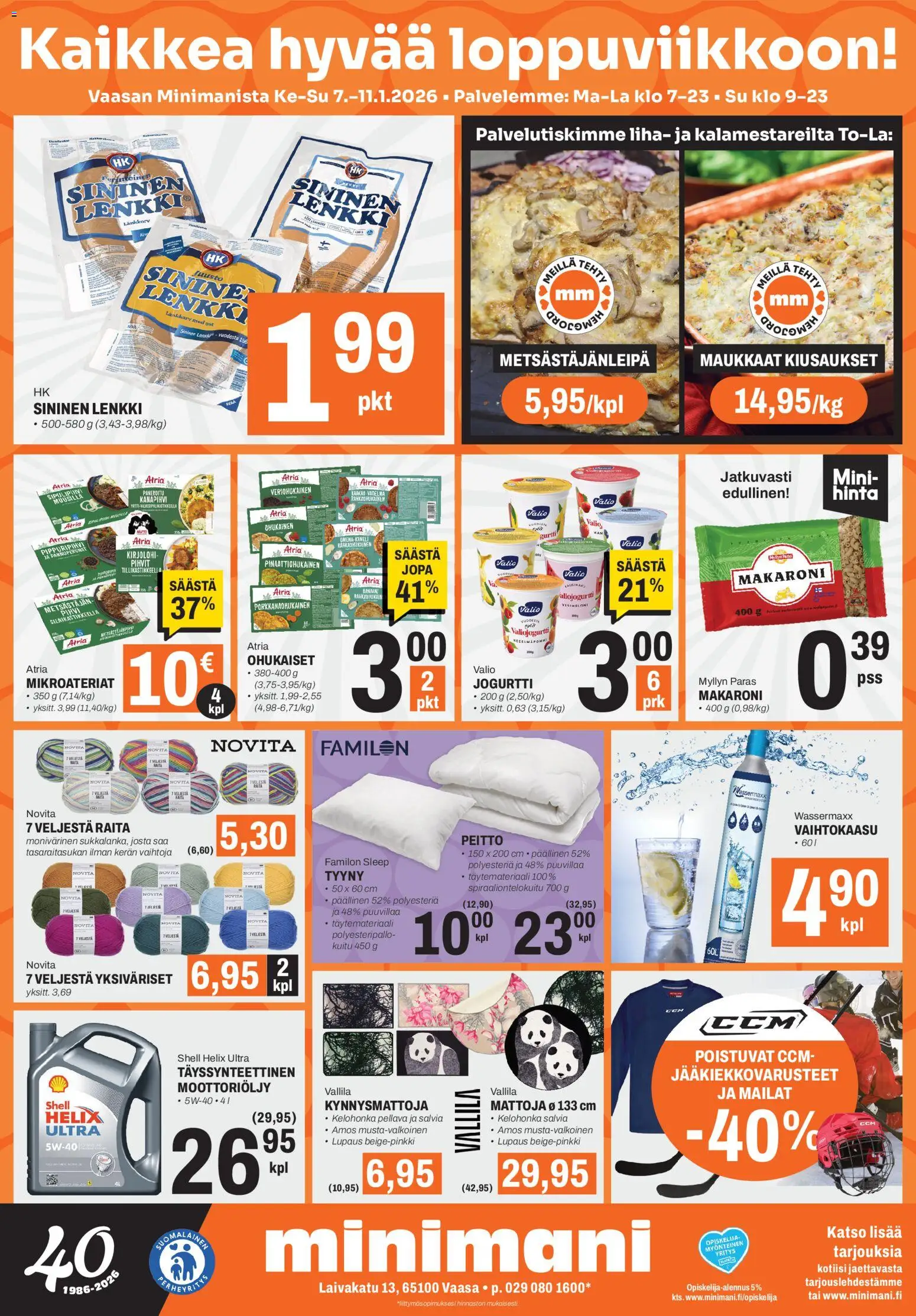 Minimani Tarjoukset - Vaasa – voimassa 07.01.2026 alkaen | Sivu: 1 | Tuotteet: Kirjolohi, Moottoriöljy, Tyyny, Peitto