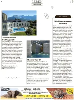 Tamina Therme Bad Ragaz SG, Das konstant 36,5 Grad warme Wasser der Tamina Therme stammt direkt aus der Quelle der Taminaschlucht nahe Bad Ragaz. Die Quelle wurde bereits im Jahr 1242 entdeckt und wird seither für ihre heilenden Eigenschaften geschätzt. – gültig ab 16.09.2025 | Seite: 49 | Produkte: Bad, Wasser
