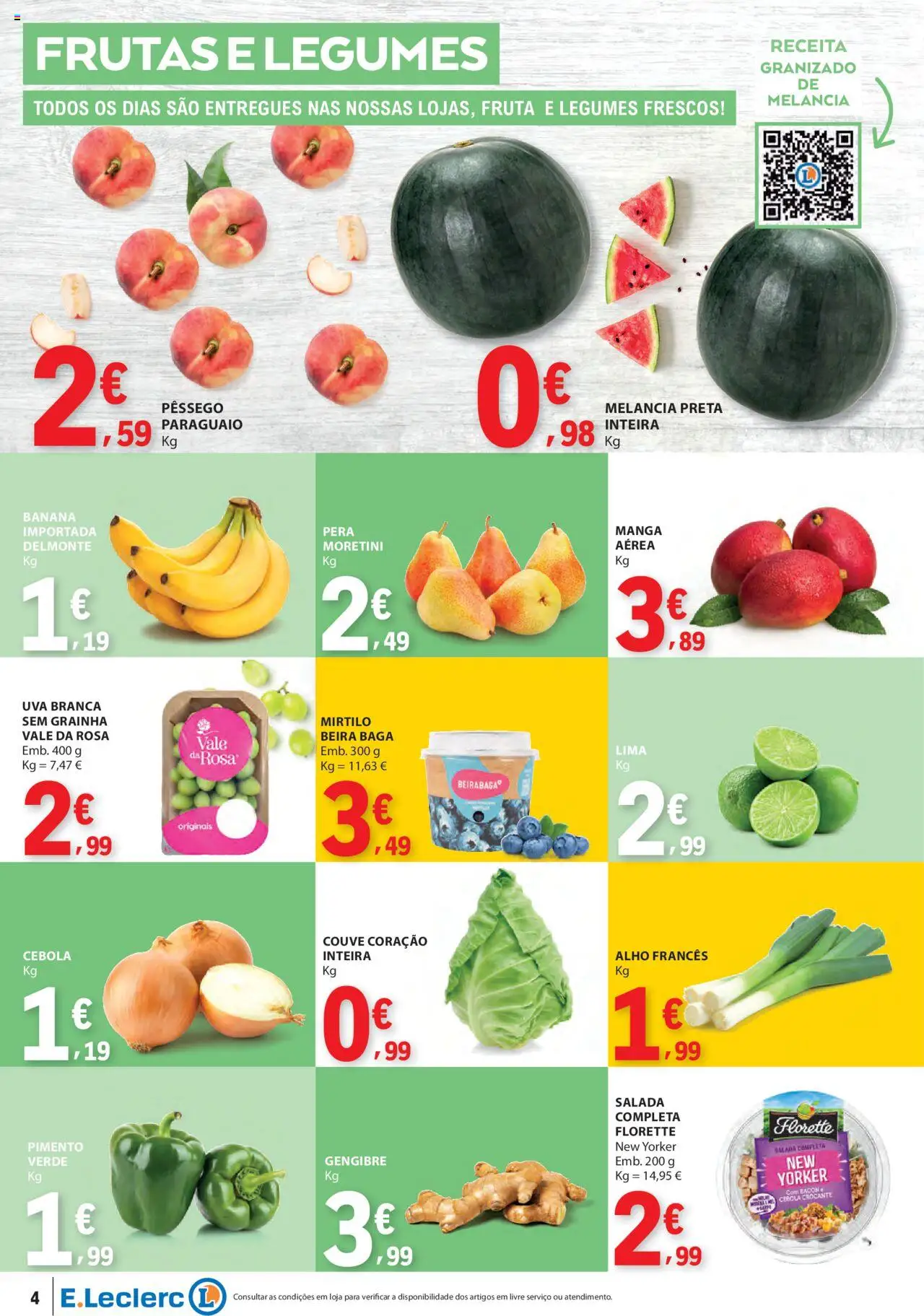 E.Leclerc folheto │ válido de 31.07.2025 | Página: 4 | Produtos: Bacon, Banana, Alho francês, Couve