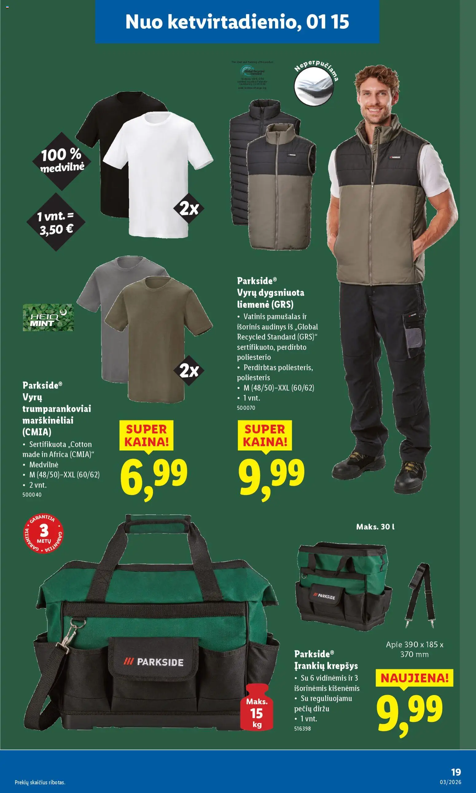 LIDL akcijos nuo 12.01.2026 | Puslapis: 19 | Prekių: Marškinėliai, Liemenė, Krepšys