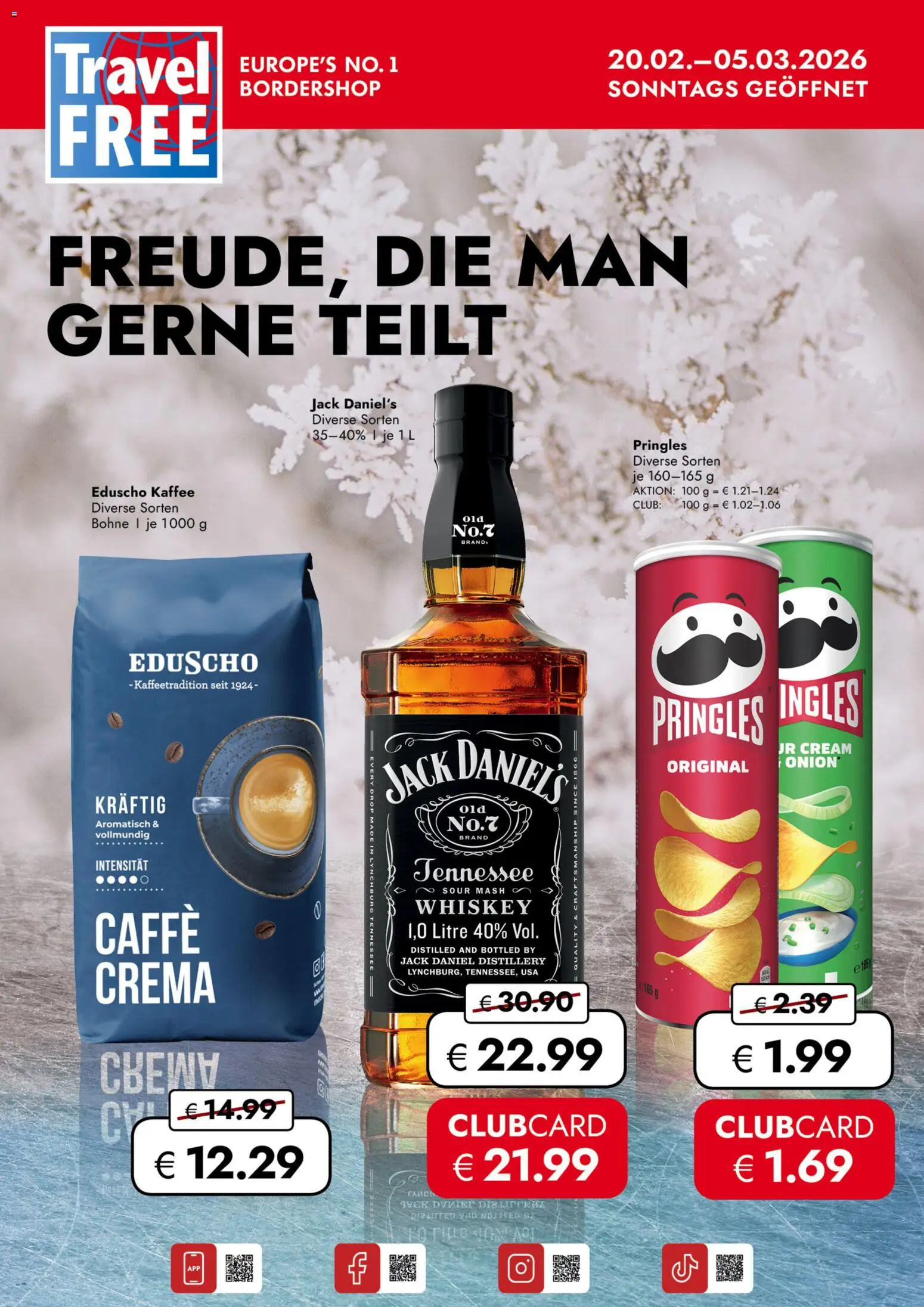 Travel Free leták od 20.02.2026 | Strana: 1 | Produkty: Whiskey, Pringles, Crema, Jack Daniel’s