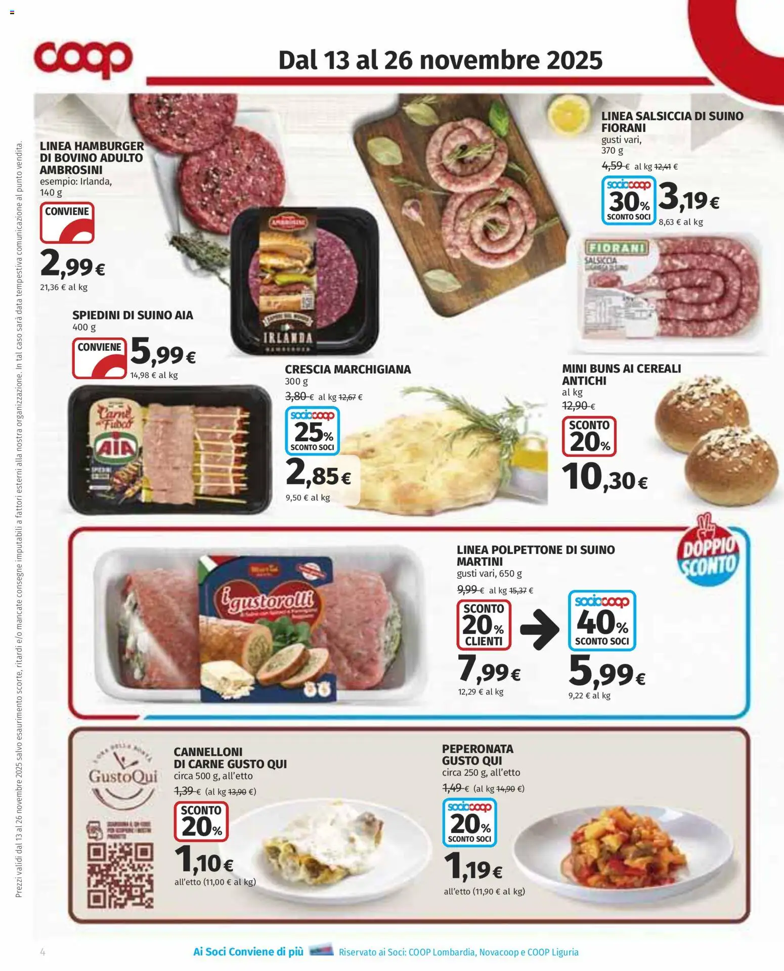 Volantino COOP del 13.11.2025 | Pagina: 4 | Prodotti: Cereali, Salsiccia, Data, Spiedini