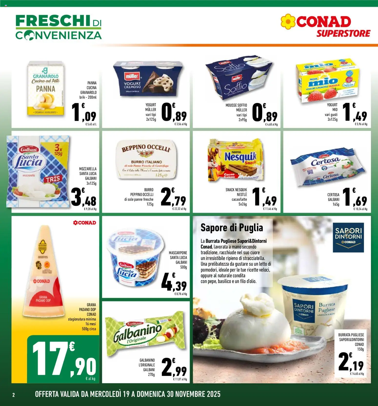 Volantino Conad del 19.11.2025 | Pagina: 2 | Prodotti: Yogurt, Pane, Centrifuga, Mozzarella