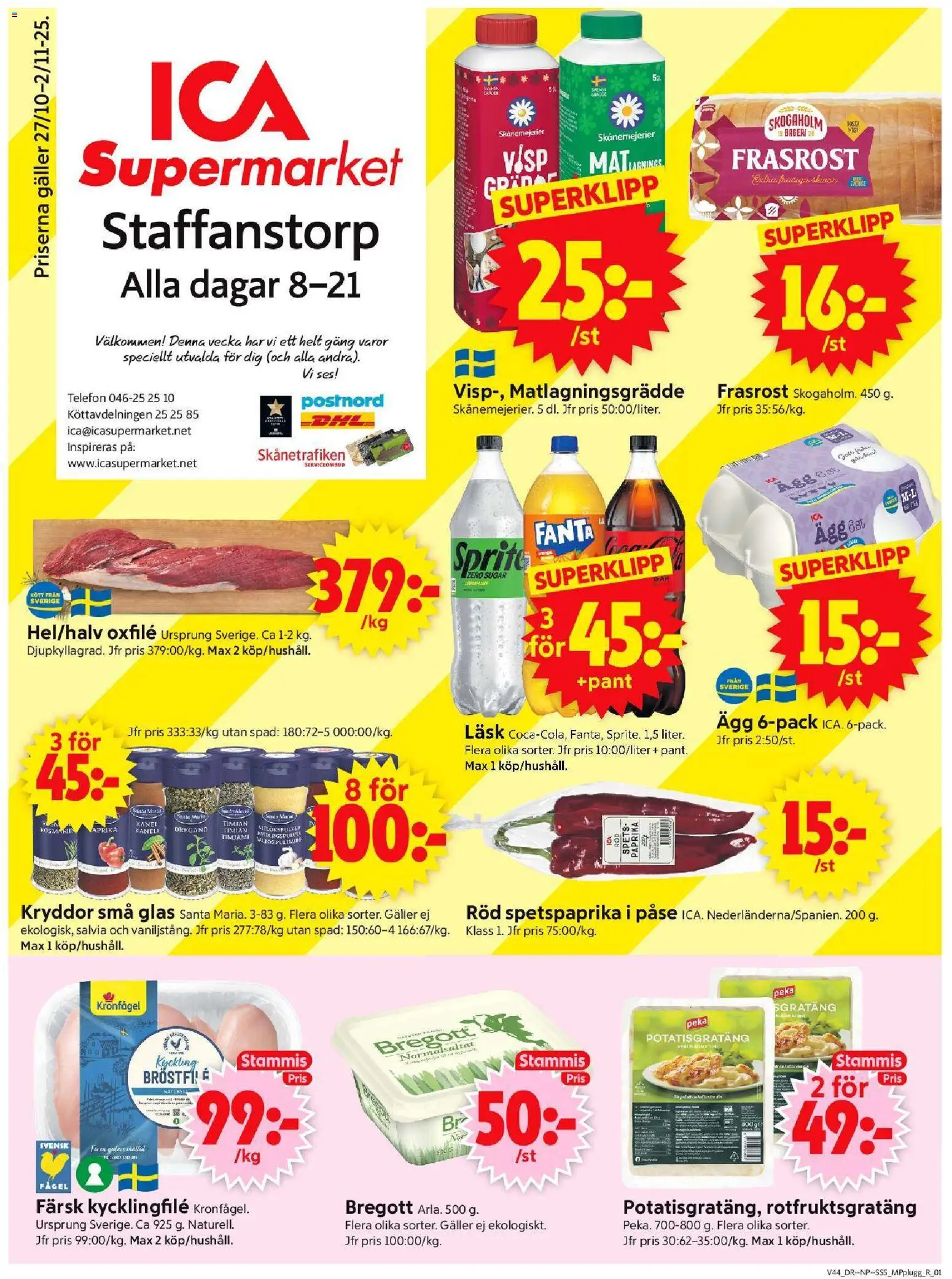 ICA Supermarket reklamblad aktuell från 27.10.2025 | Sida: 1 | Produkter: Bageri, Kycklingfile, Kanel, Matlagningsgrädde
