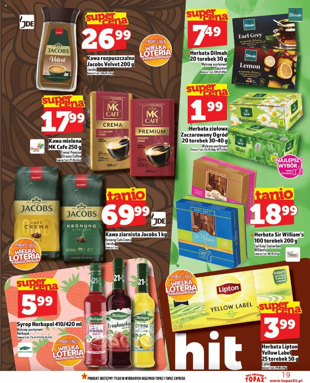 Topaz Gazetka - Ceny małe na stałe od 18.09.2025 | Strona: 19 | Produkty: Kawa ziarnista, Kawa rozpuszczalna, Kawa, Herbata