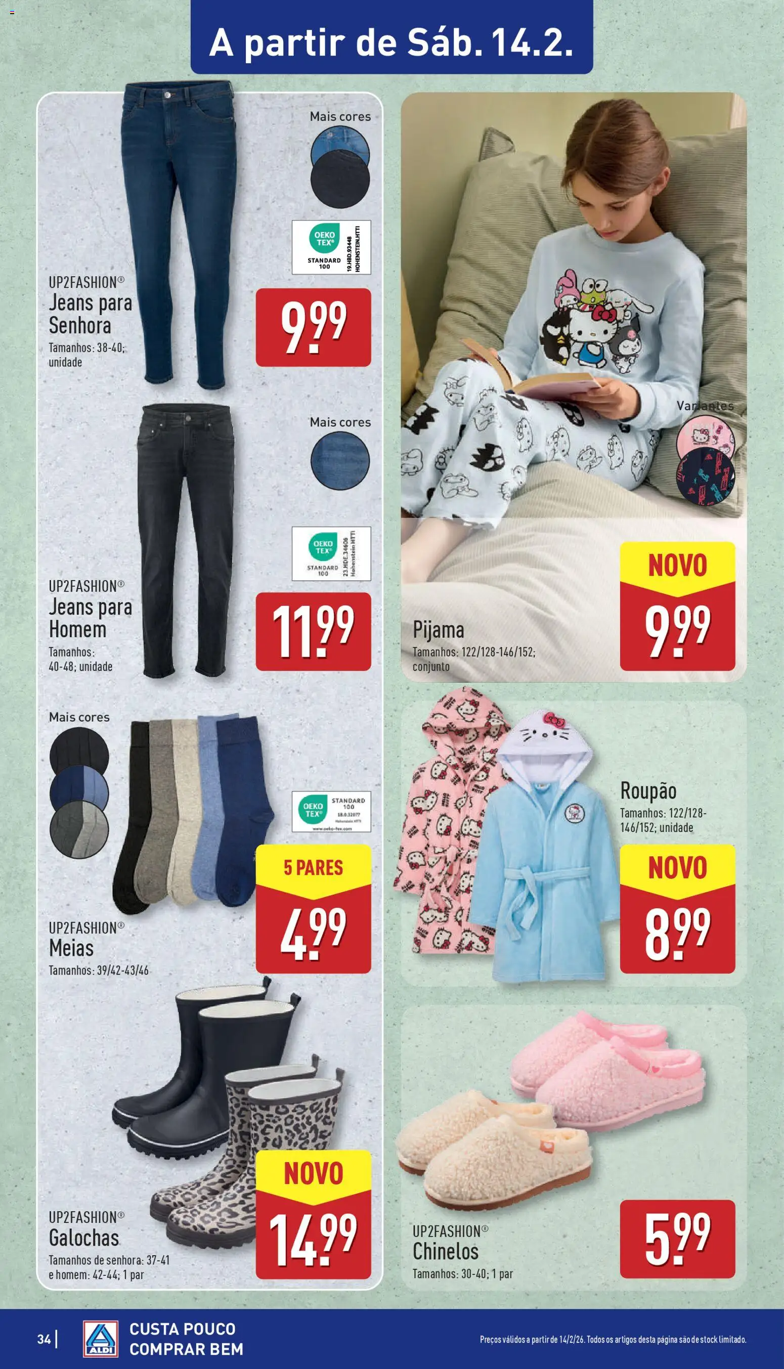 Aldi folheto │ válido de 09.02.2026 | Página: 34 | Produtos: Chinelos, Galochas, Meias, Roupão