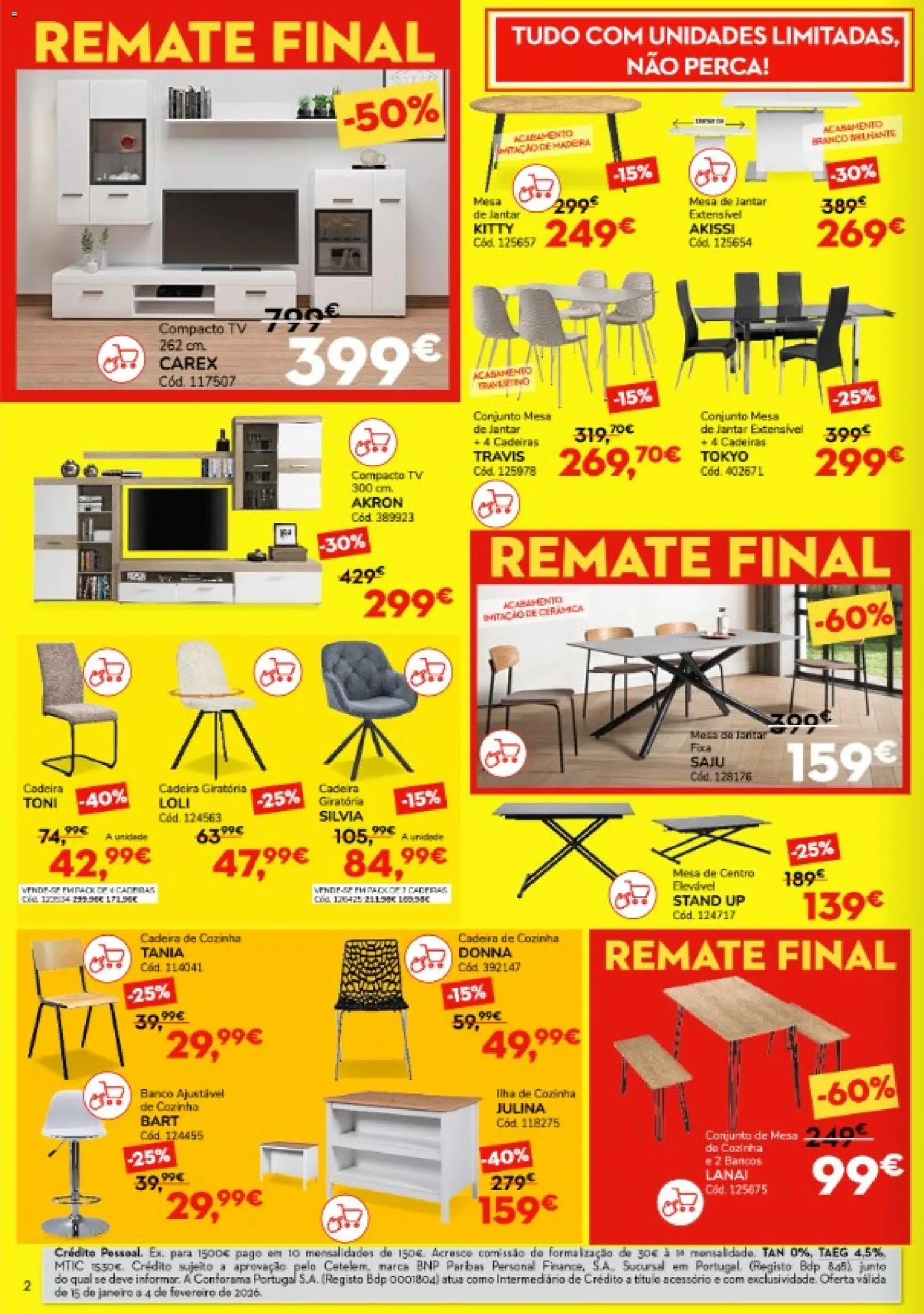 Conforama folheto │ válido de 15.01.2026 | Página: 2 | Produtos: Cadeiras, Banco, Mesa, Cadeira