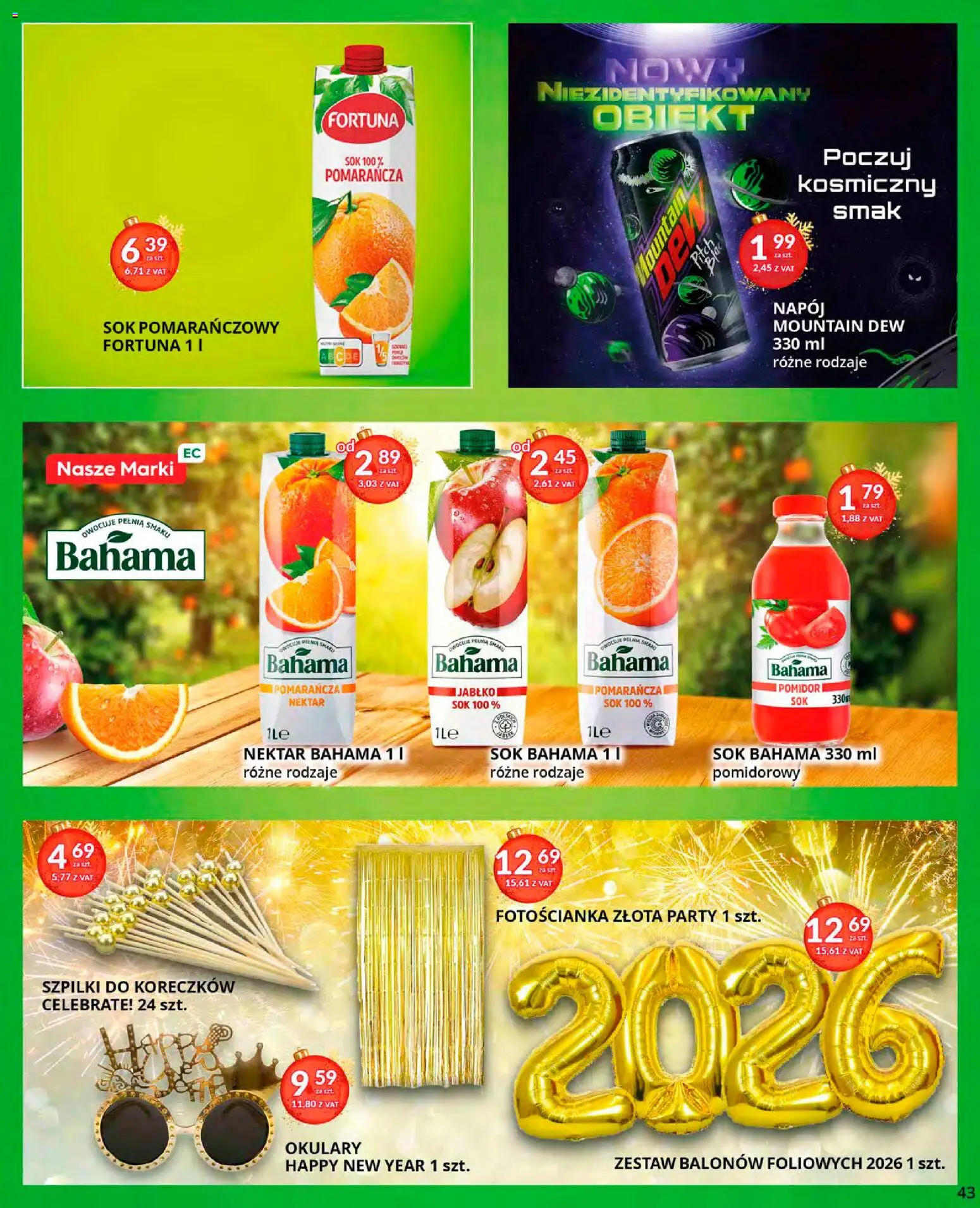 Eurocash Gazetka od 15.12.2025 | Strona: 43 | Produkty: Szpilki, Okulary, Sok pomarańczowy, Sok