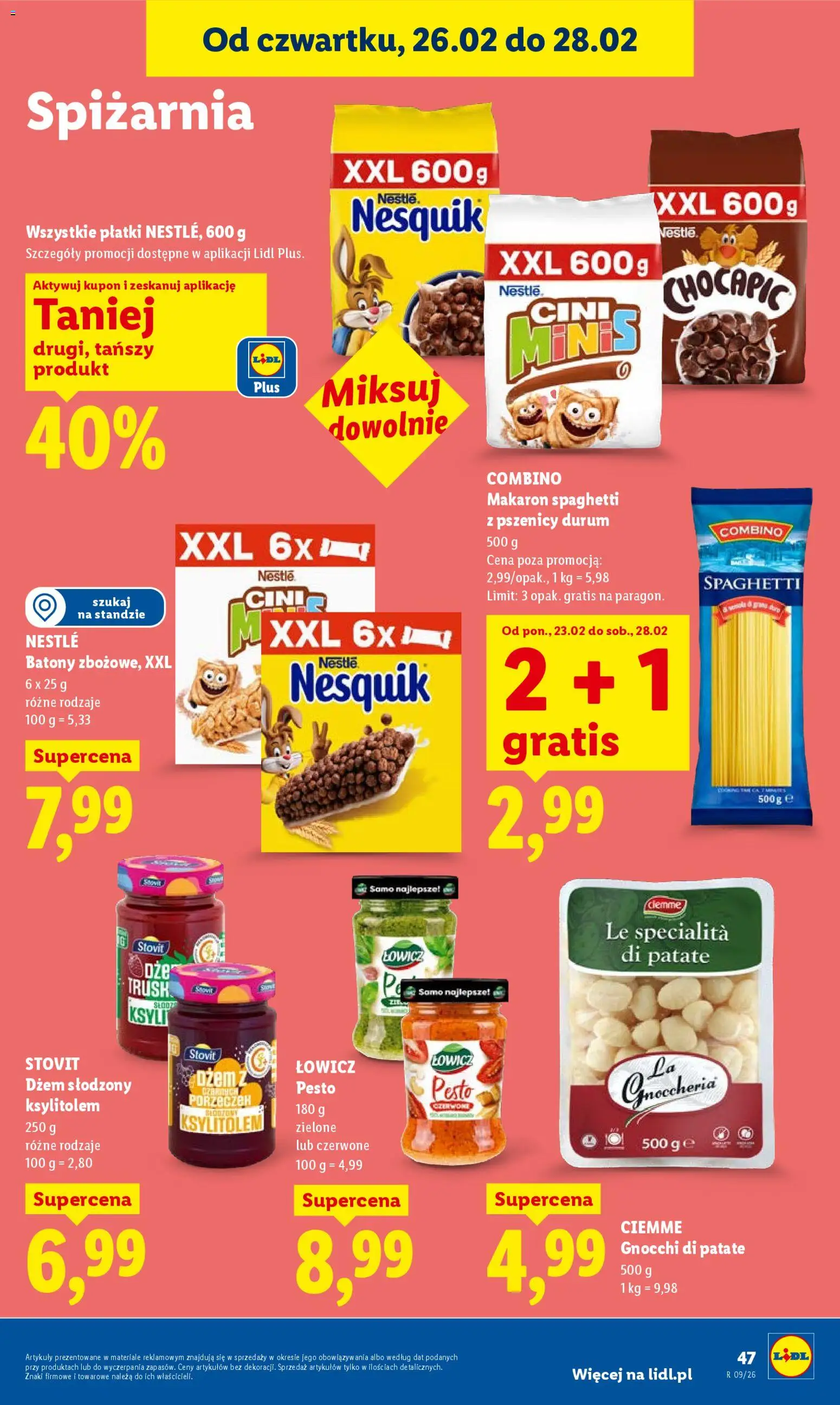 Lidl Gazetka od 26.02.2026 | Strona: 47 | Produkty: Makaron spaghetti, Dżem, Gnocchi, Płatki