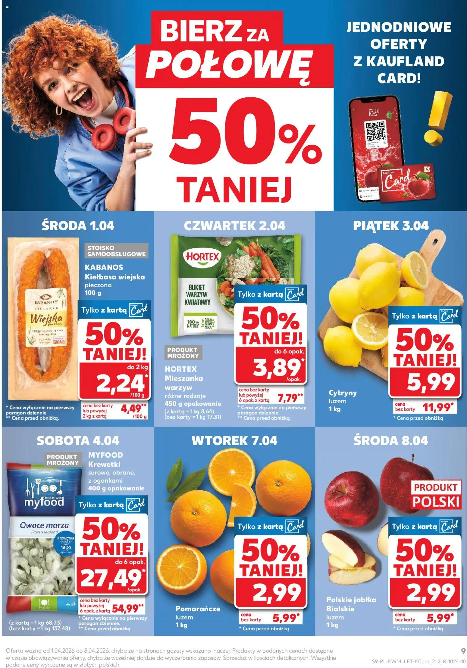 Kaufland gazetka od 01.04.2026 | Strona: 9 | Produkty: Kiełbasa, Krewetki, Cytryny, Pomarańcze
