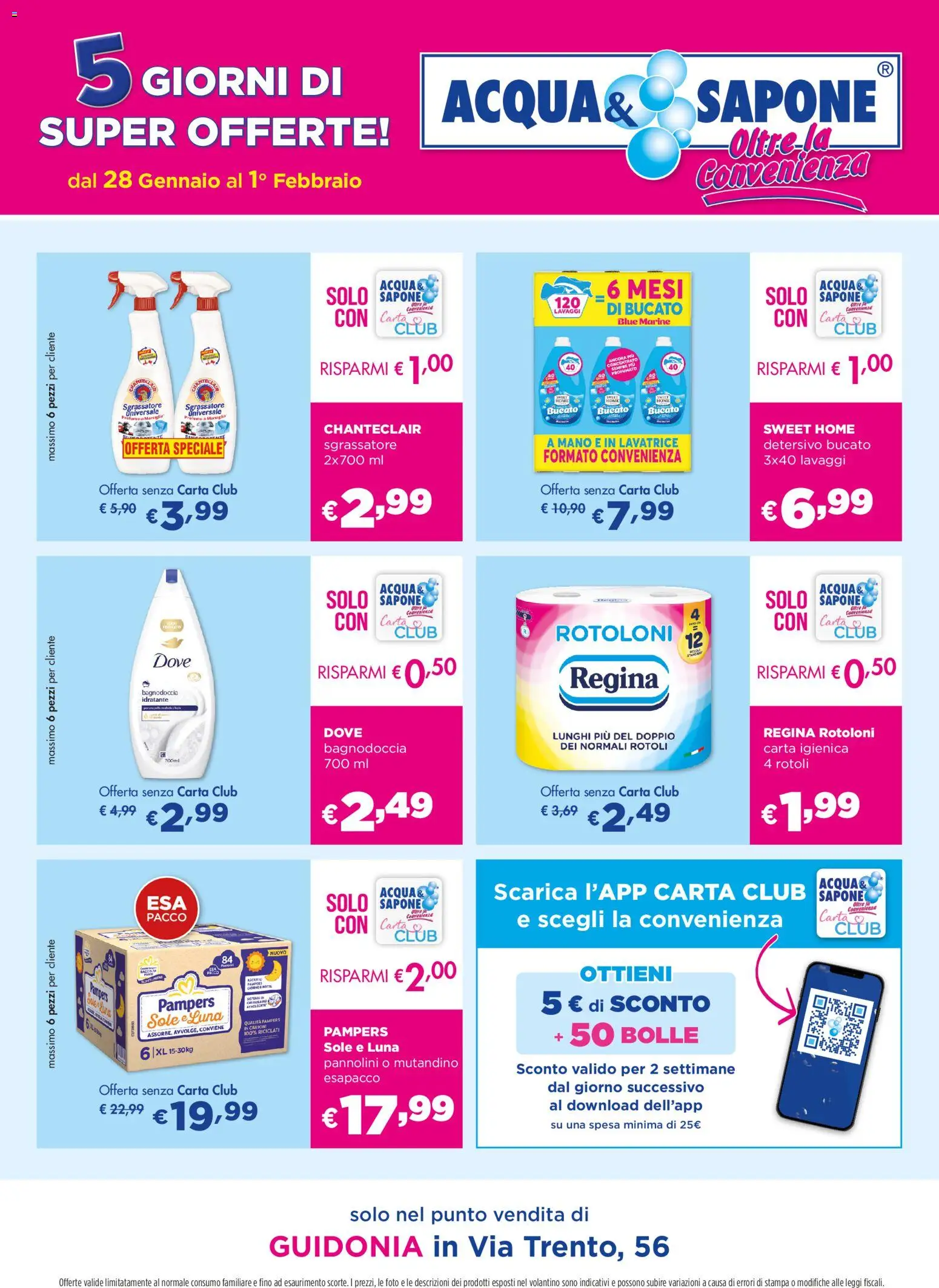 Volantino Acqua e Sapone del 28.01.2026 | Pagina: 1 | Prodotti: Pannolini, Sapone, Lavatrice, Profumo