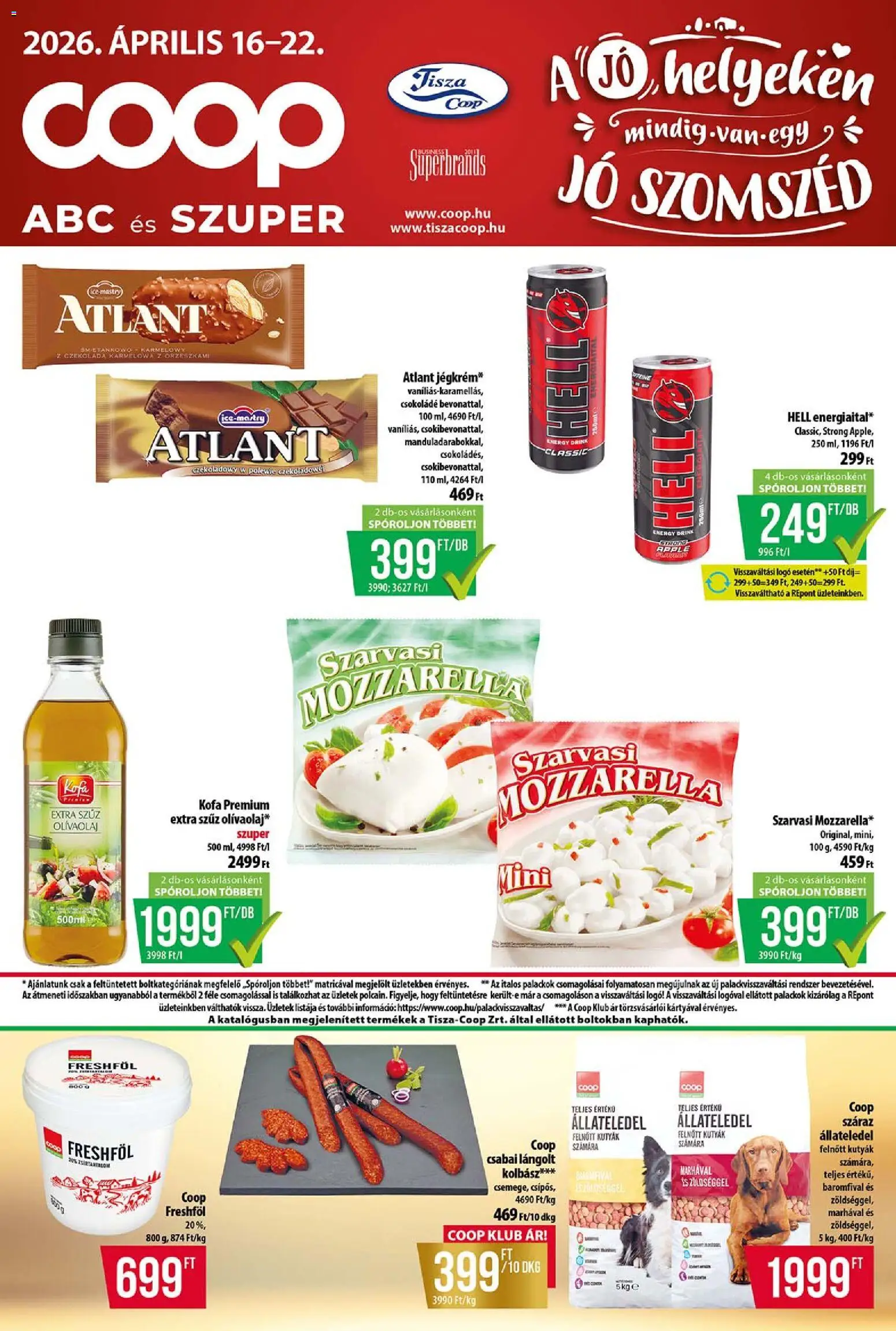 COOP akciós ujság - amely érvényes a következő dátumtól: 16.04.2026 | Oldal: 1 | Termékek: Mozzarella, Kolbász, Extra szűz olivaolaj, Csokoládé