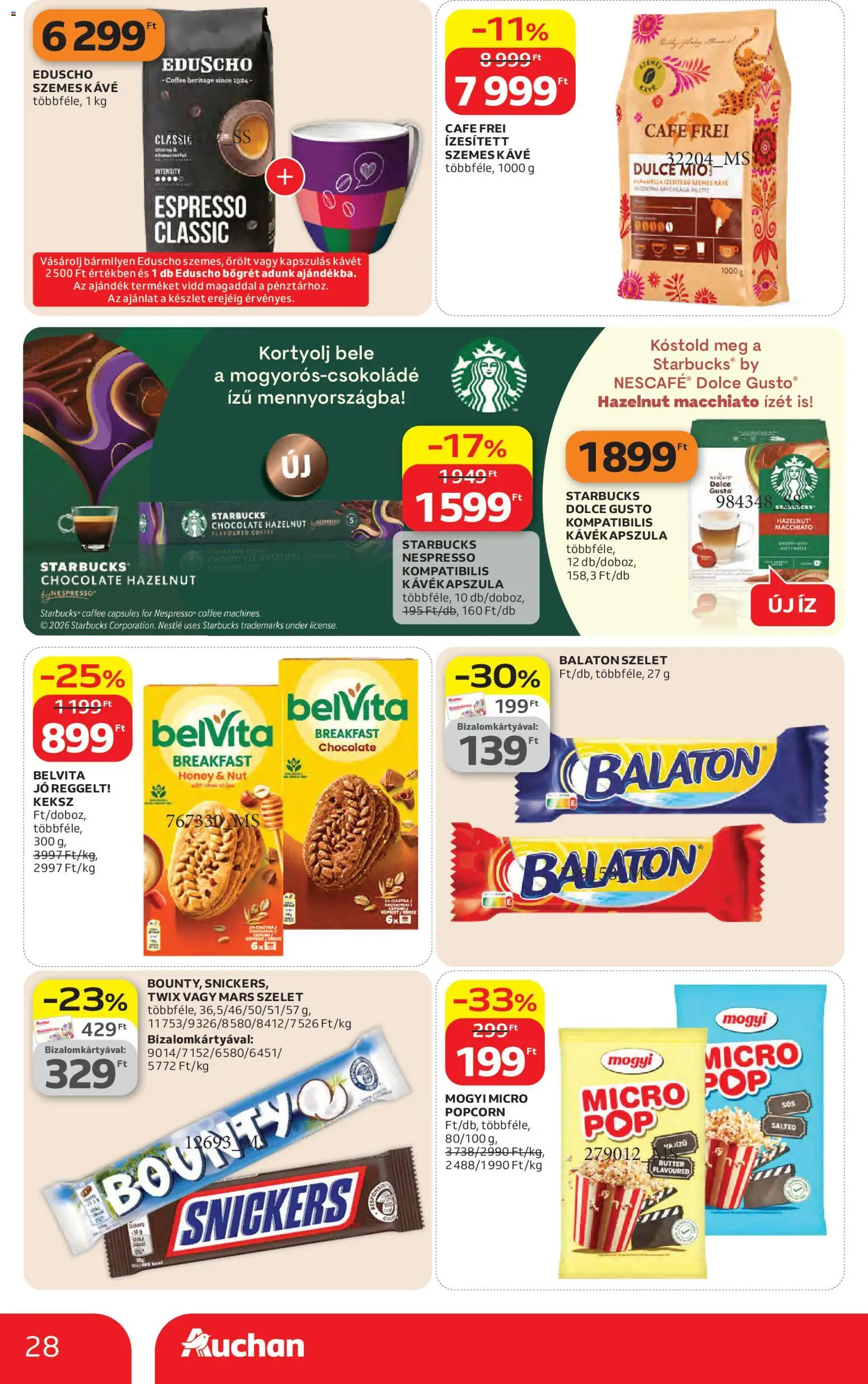 Auchan akciós ujság - amely érvényes a következő dátumtól: 16.04.2026 | Oldal: 28 | Termékek: Dolce Gusto, Popcorn, Snickers, Szemes kávé