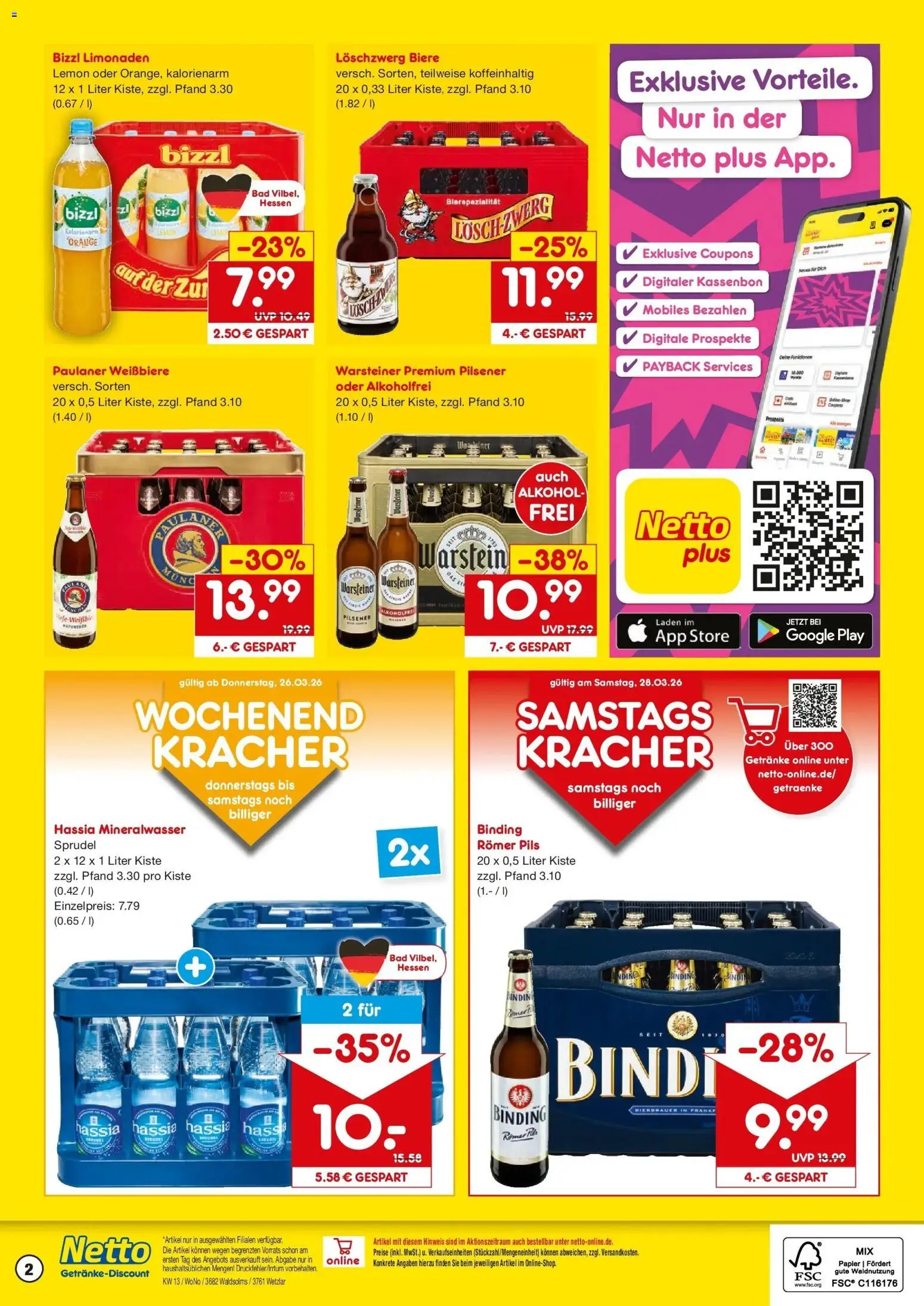 Netto Marken-Discount Prospekt Wetzlar-Naunheim	 – gültig ab 23.03.2026 | Seite: 2 | Produkte: Bad, Pils, Mineralwasser, Warsteiner