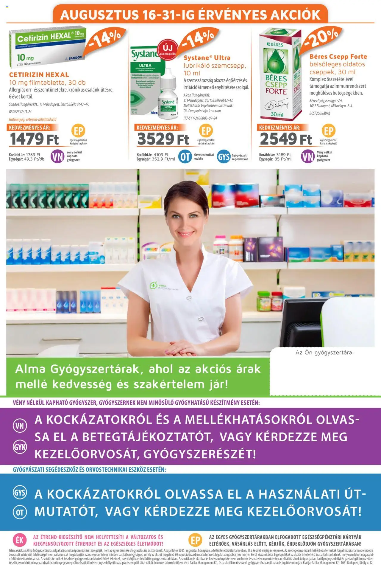Alma Gyógyszertárak akciós ujság - amely érvényes a következő dátumtól: 01.08.2025 | Oldal: 20 | Termékek: Béres csepp, Alma