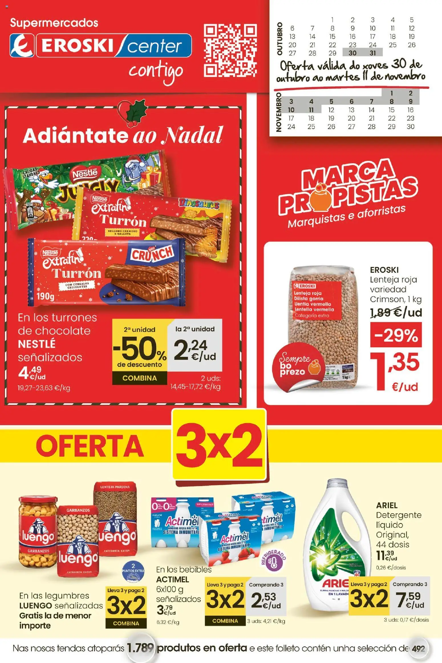 Eroski - Oferta 3x2 │ válido desde el 30.10.2025 | Página: 1 | Productos: Detergente, Chocolate, Cereales