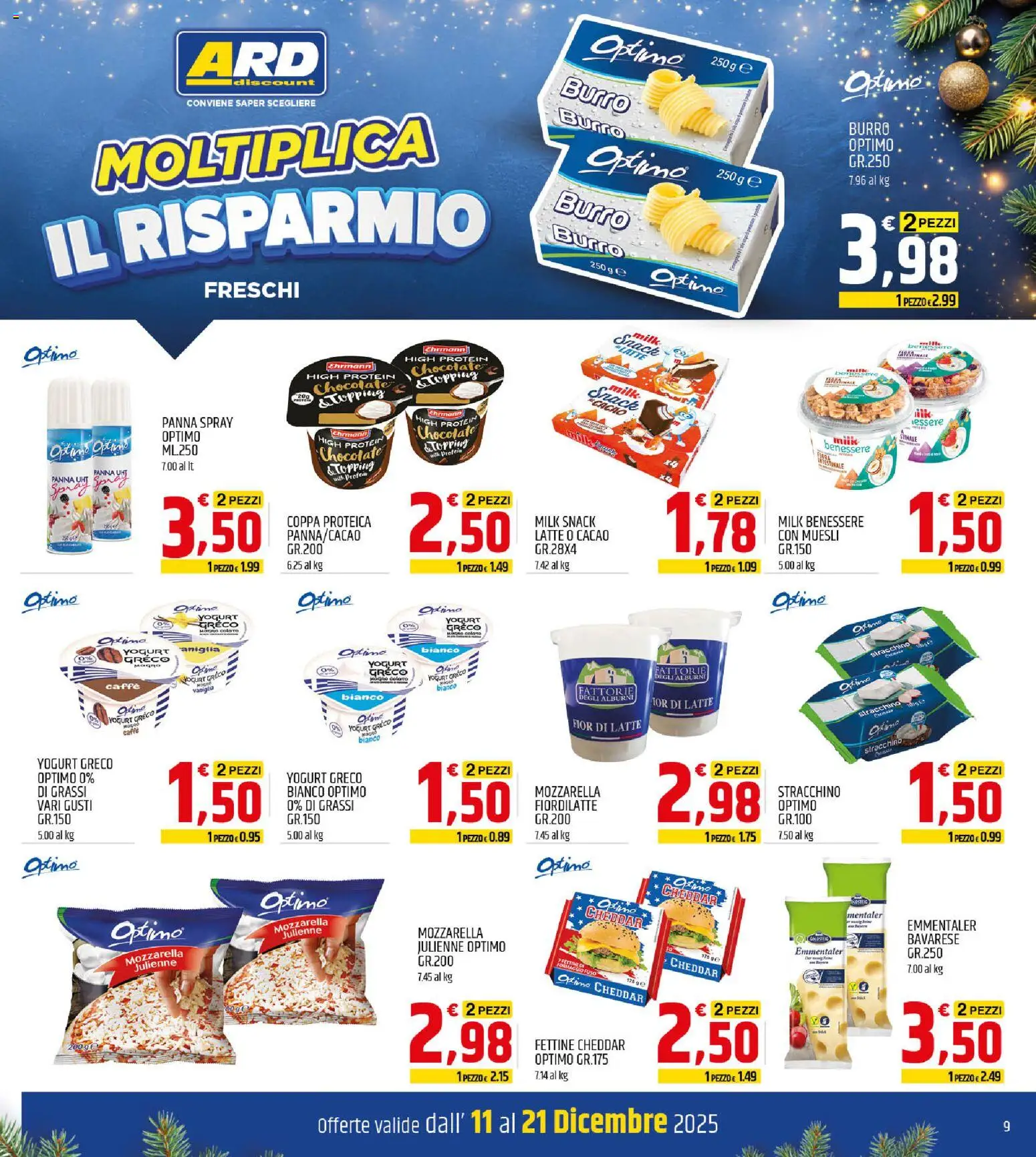 Volantino ARD Discount del 11.12.2025 | Pagina: 9 | Prodotti: Yogurt greco, Mozzarella, Burro, Cacao
