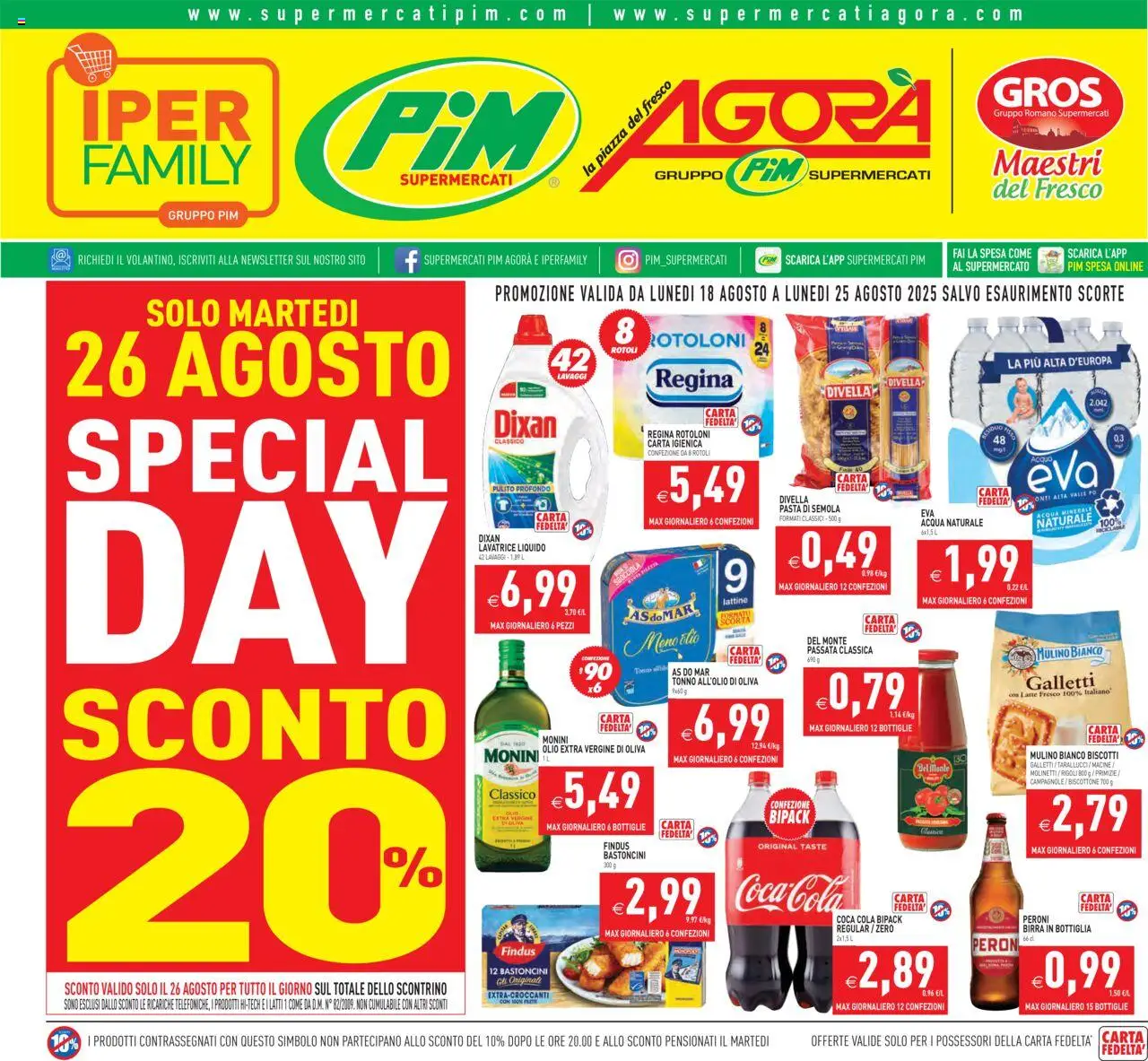 Volantino PIM Supermercati del 18.08.2025 | Pagina: 1 | Prodotti: Carta igienica, Biscotti, Acqua, Olio