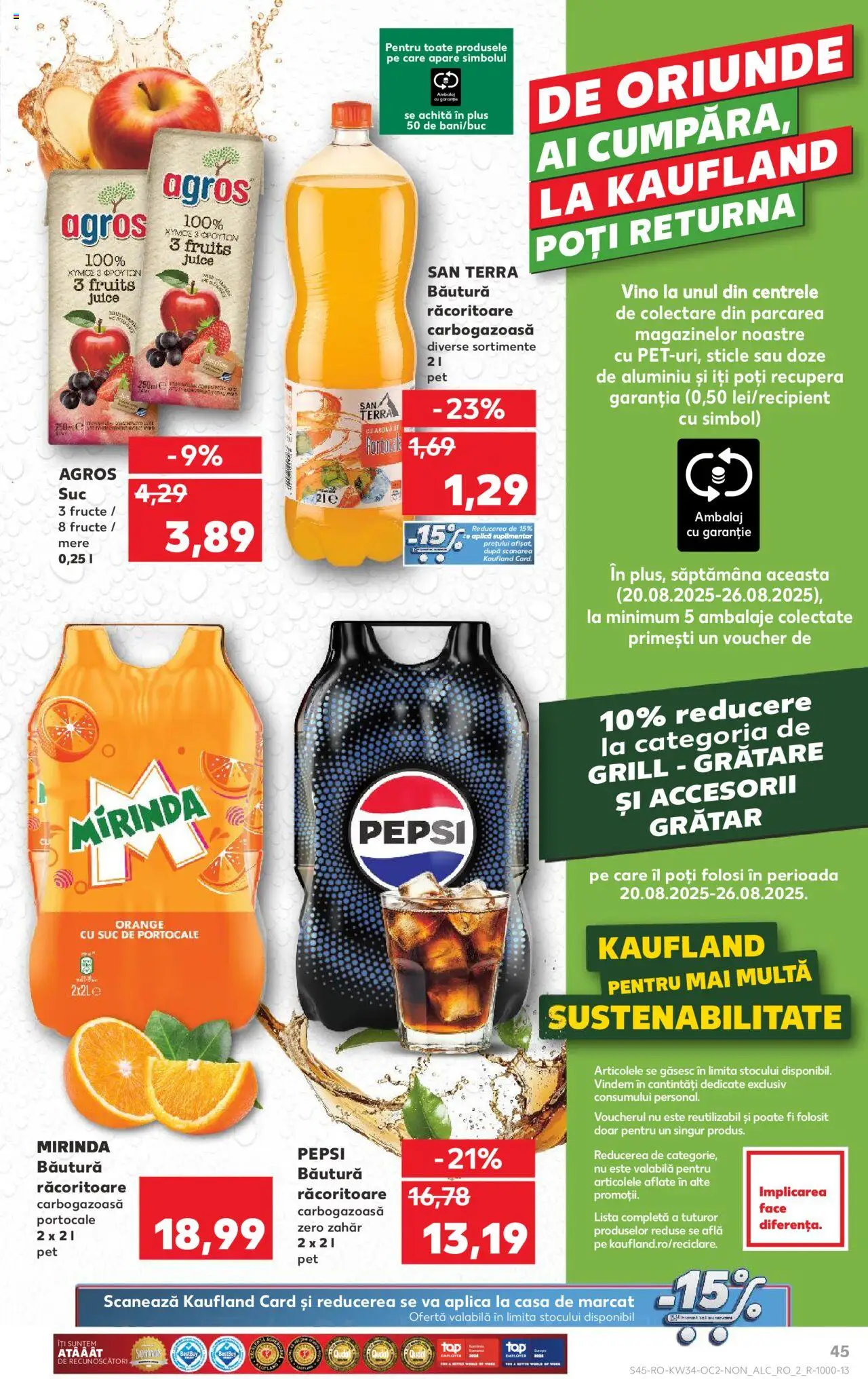 Kaufland RO akciós ujság - amely érvényes a következő dátumtól: 20.08.2025 | Oldal: 45 | Termékek: Pepsi, Grill