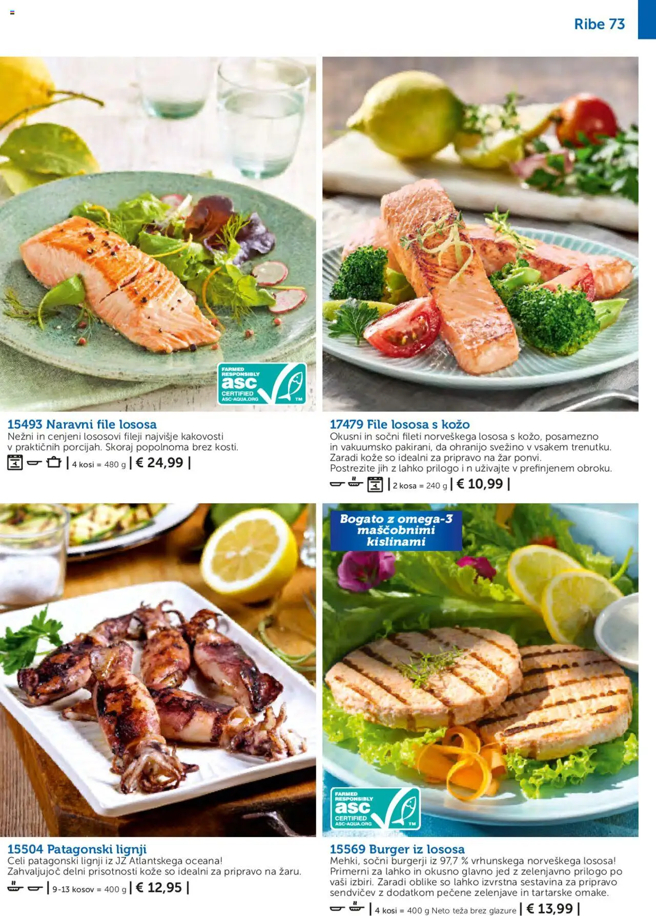 Novi Bofrost katalog ponudbe – veljaven od 01.05.2025 | Stran: 73 | Izdelki: Lignji, Teza, Burgerji, Ribe