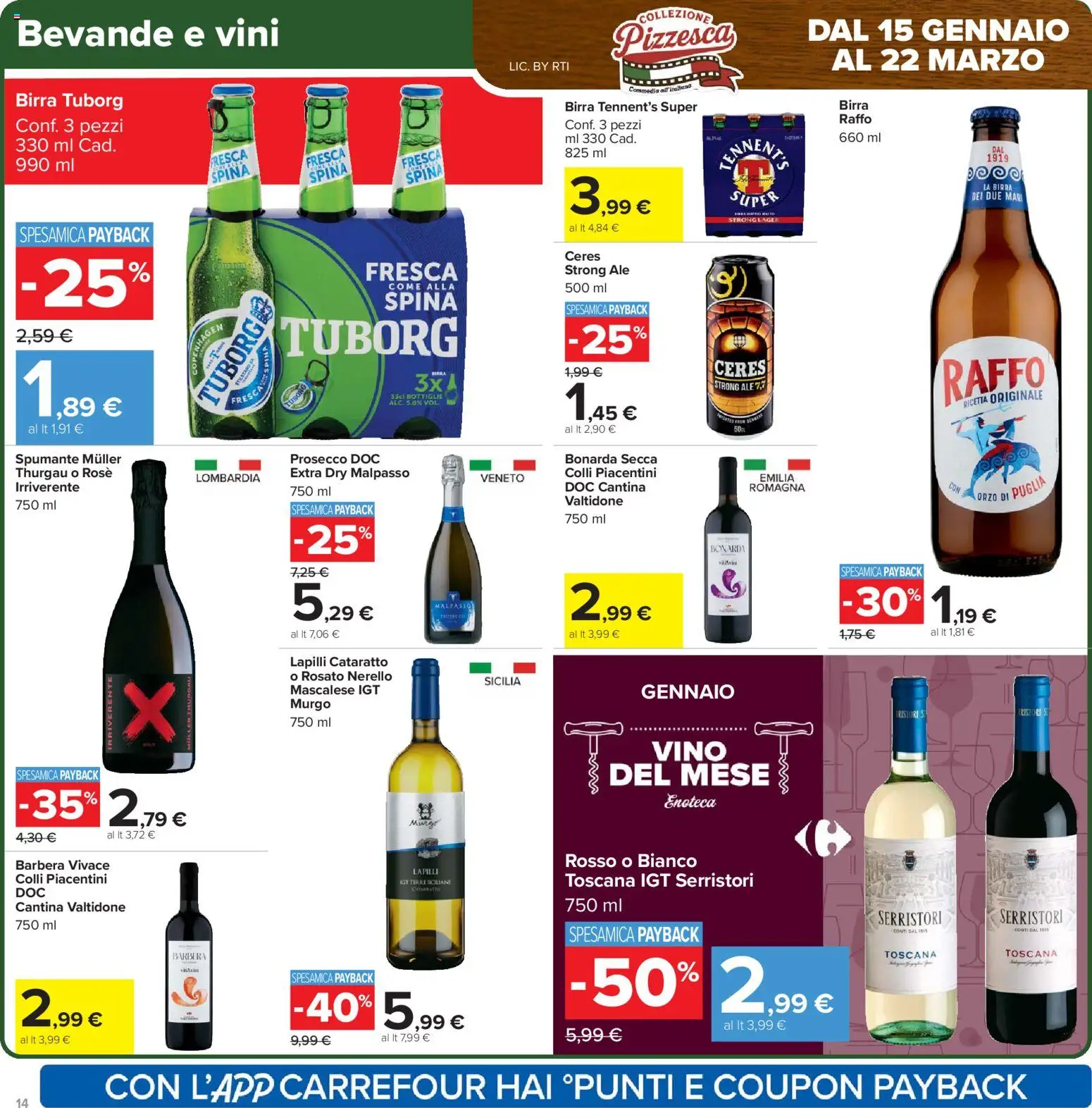 Volantino Carrefour del 15.01.2026 | Pagina: 14 | Prodotti: Birra, Prosecco, Vino, Ceres