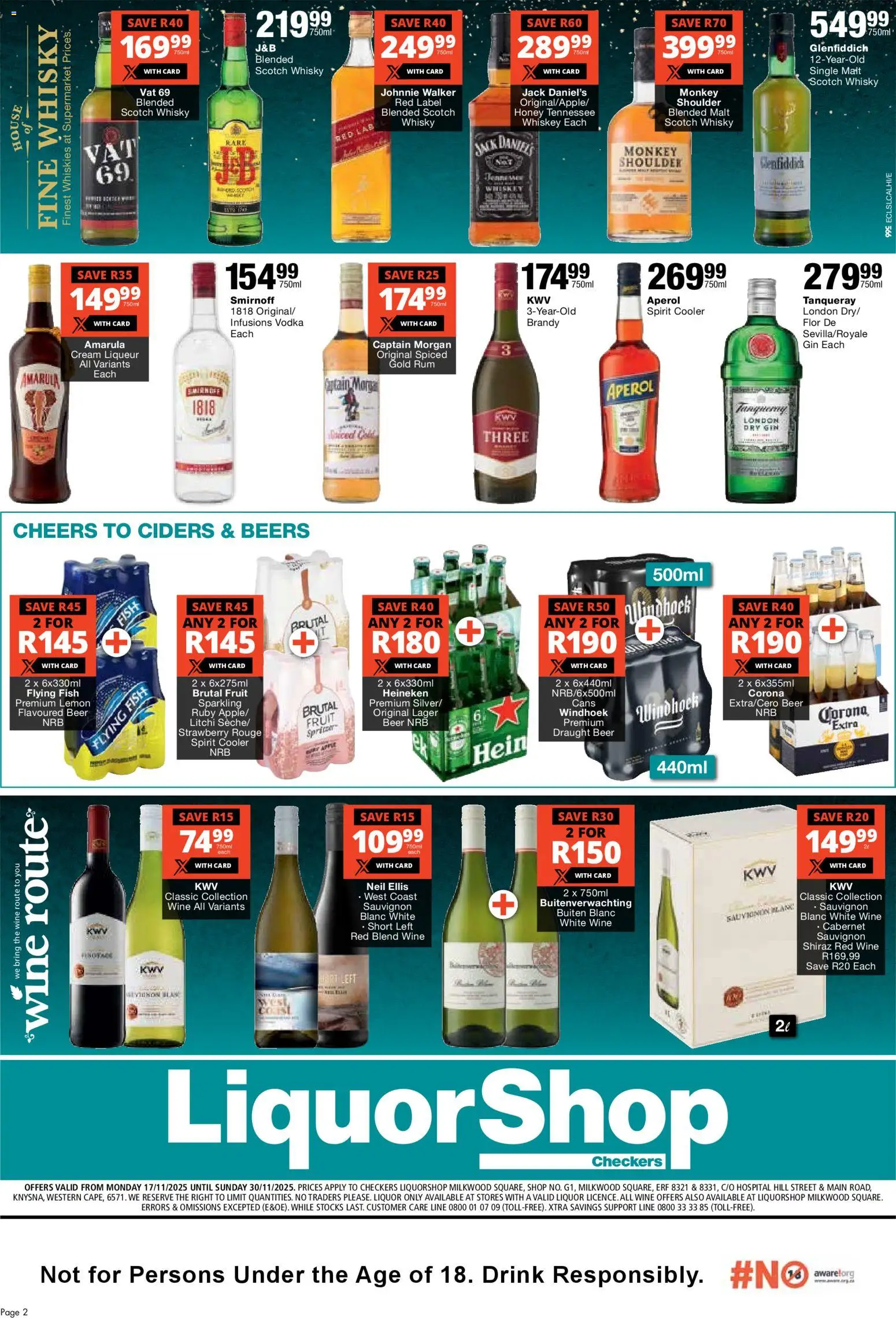 New Checkers catalogue – valid from 17.11.2025 | Page: 2 | Products: Cooler, Cream, Whiskey, Lemon