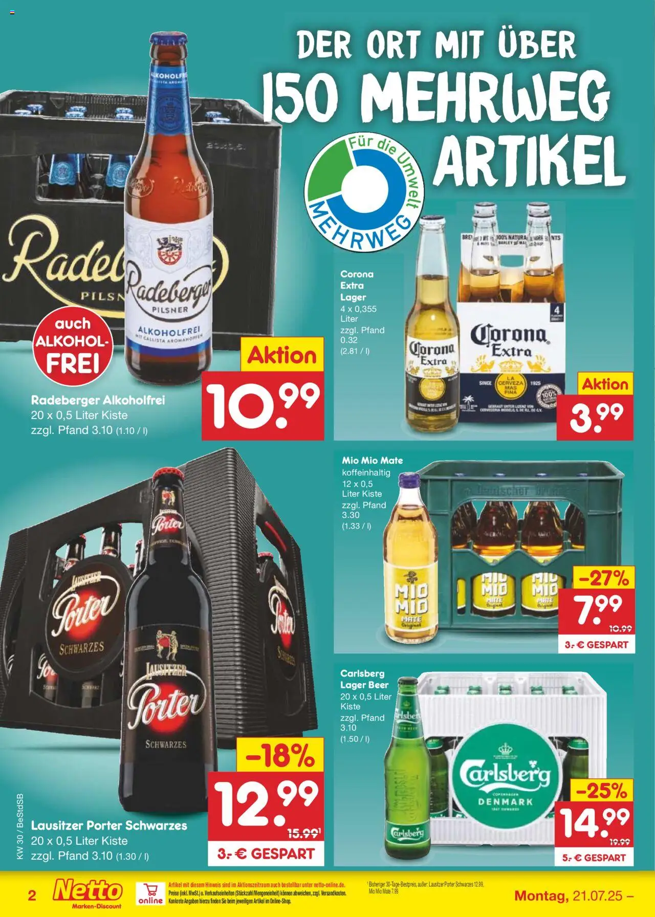 Netto Marken-Discount Prospekt 	 - gültig ab dem 21.07.2025 | Seite: 32 | Produkte: Carlsberg, Mio mio mate