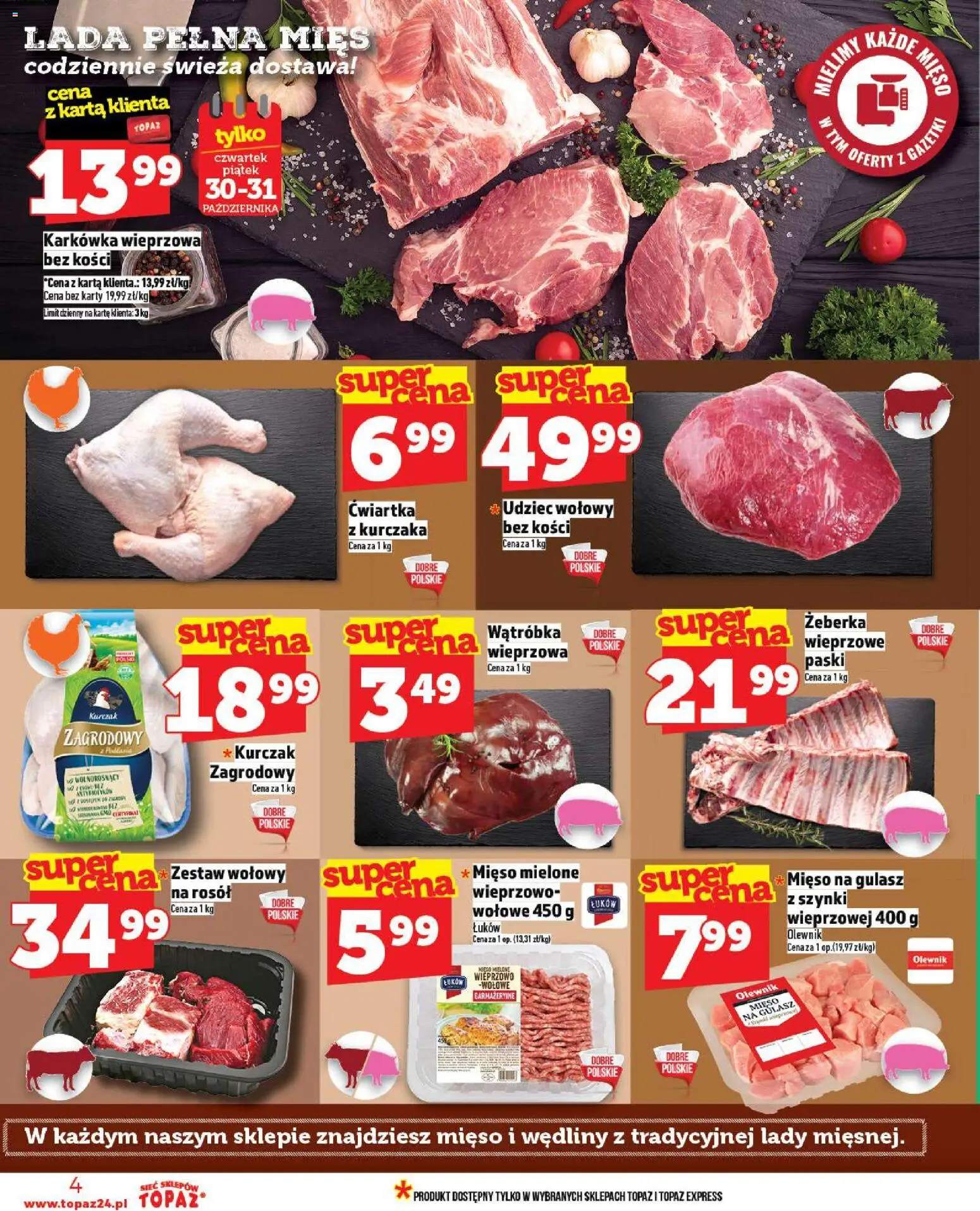 Topaz Gazetka MAZ od 30.10.2025 | Strona: 4 | Produkty: Mięso mielone, Mięso na gulasz, Wędliny, Gulasz