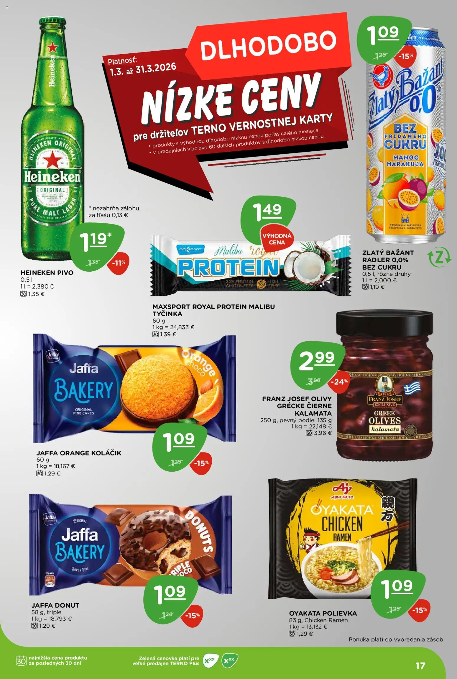 Nové Terno akcie – leták je platný od 05.03.2026 | Strana: 17 | Produkty: Protein, Radler, Malibu, Mango