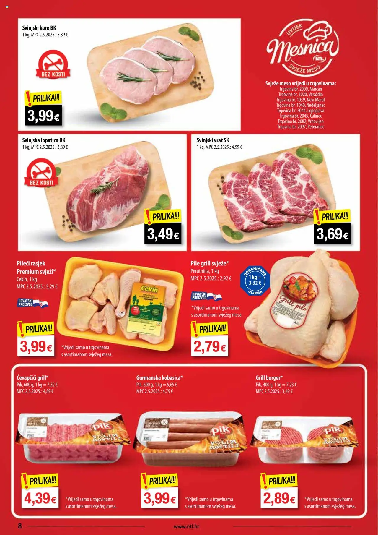 NTL katalog | vrijedi od 08.10.2025 | Stranica: 8 | Proizvodi: Svinjski vrat, Svinjski kare, Ćevapčići, Lopatica