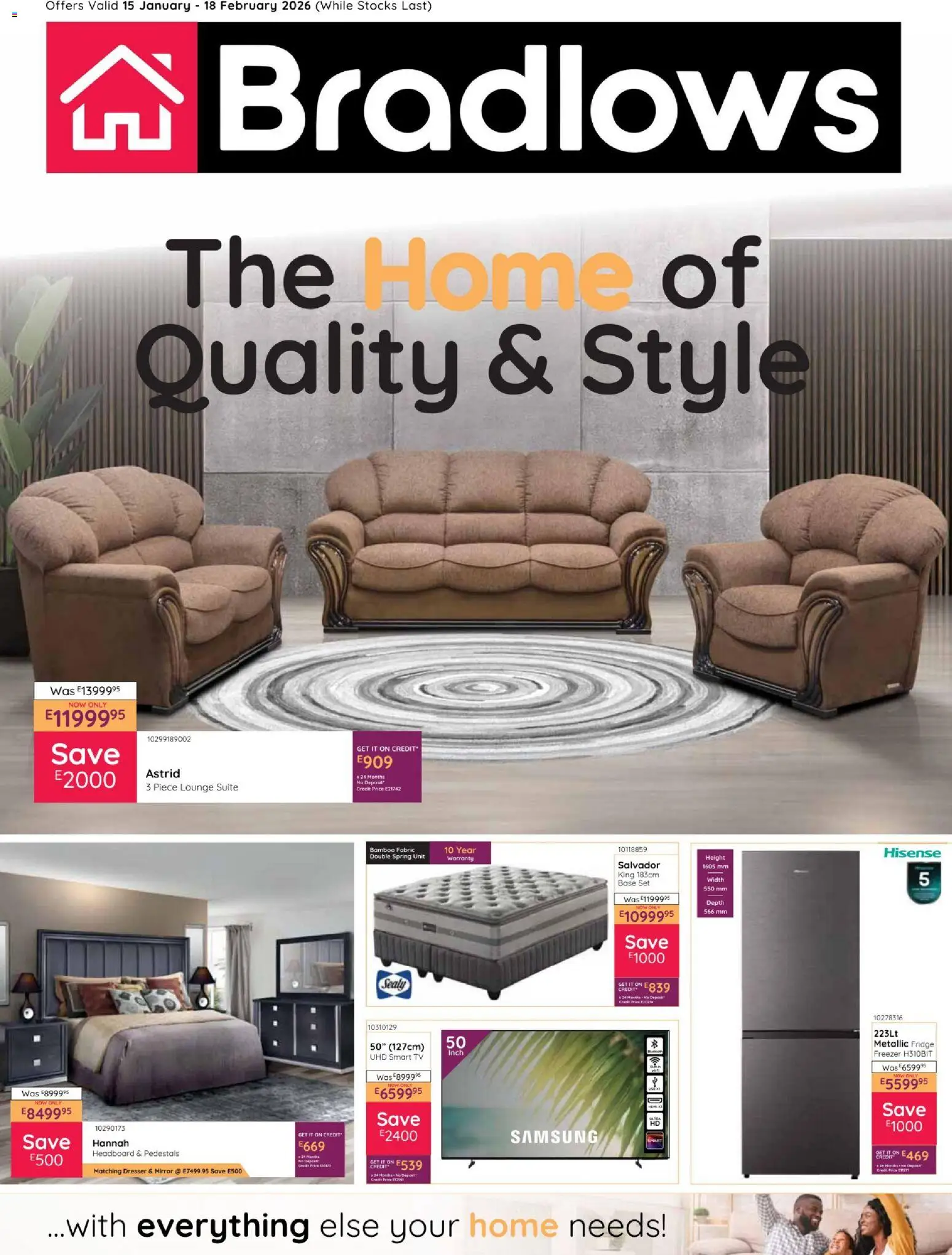 New Bradlows catalogue – valid from 15.01.2026 | Page: 1 | Products: Headboard, Mirror, Fridge, Lounge suite