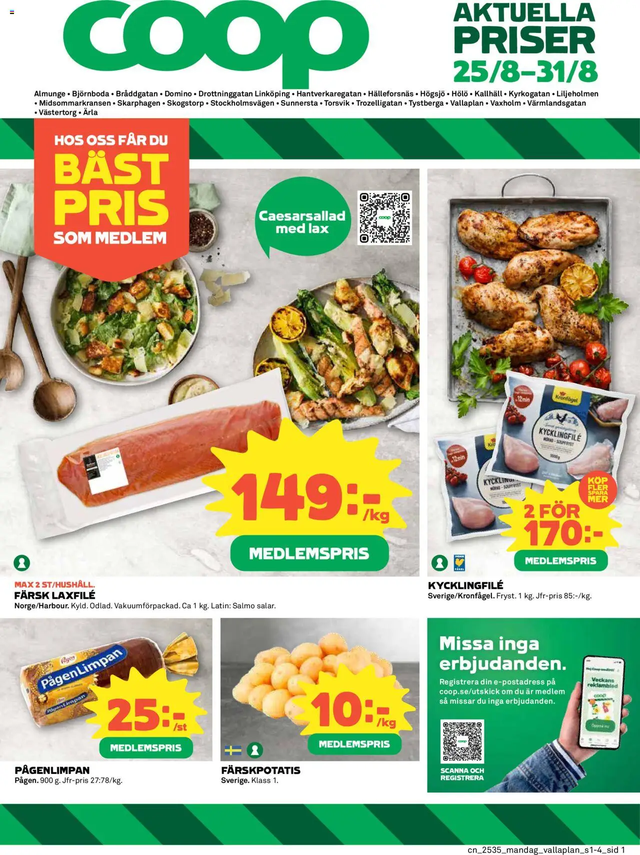 Coop reklamblad aktuell från 25.08.2025 | Sida: 1 | Produkter: Färskpotatis, Kycklingfile, Lax