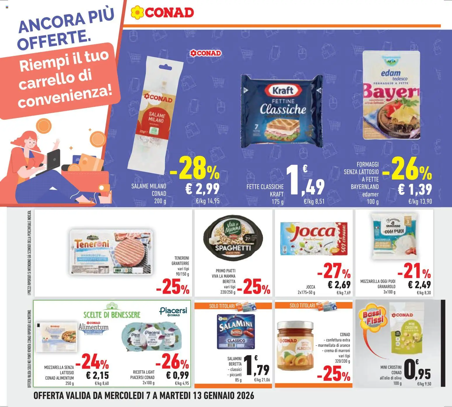 Volantino Conad del 07.01.2026 | Pagina: 16 | Prodotti: Mozzarella senza lattosio, Arance, Carrello, Ricotta