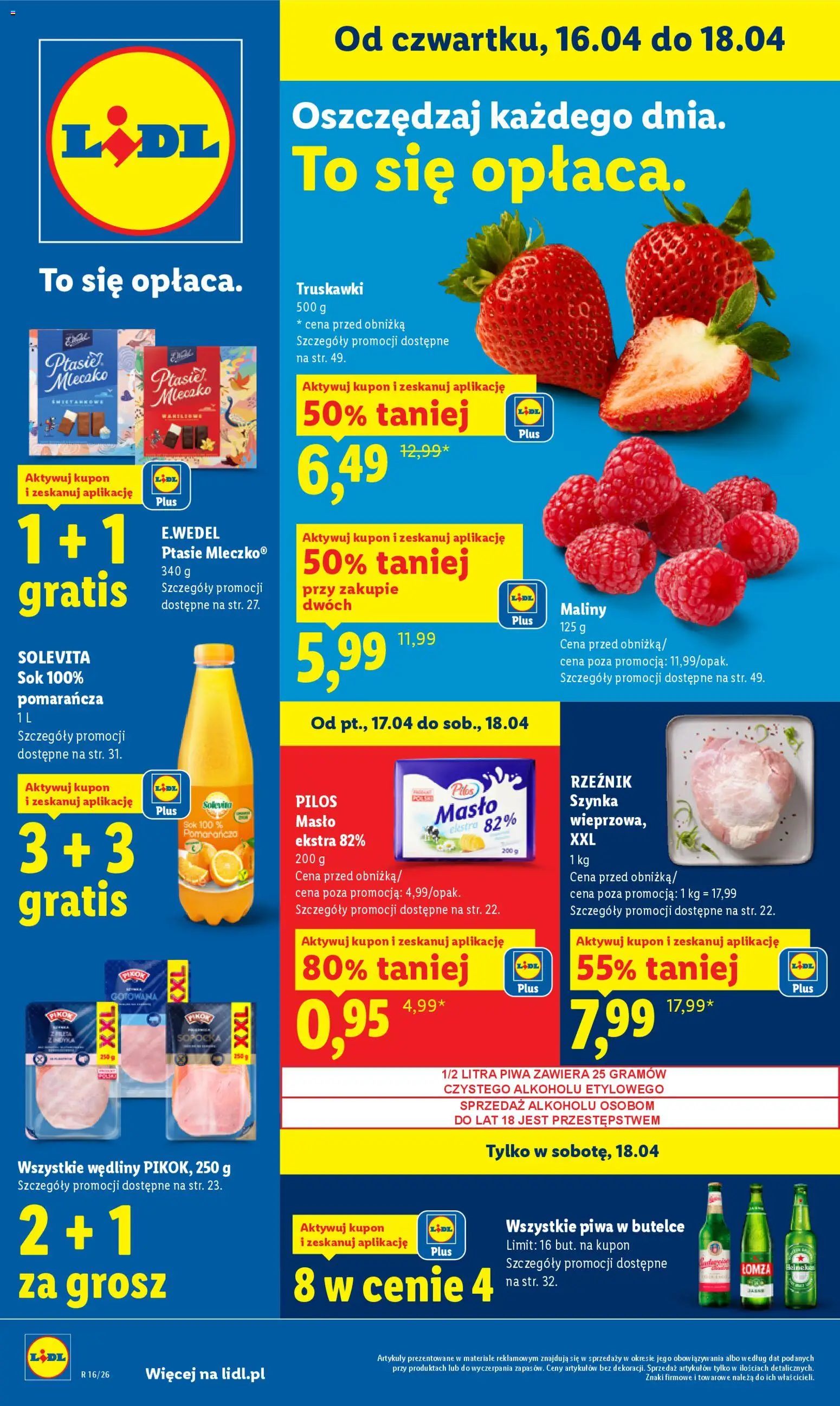 Lidl gazetka od 16.04.2026 | Strona: 1 | Produkty: Maliny, Szynka, Wędliny, Truskawki