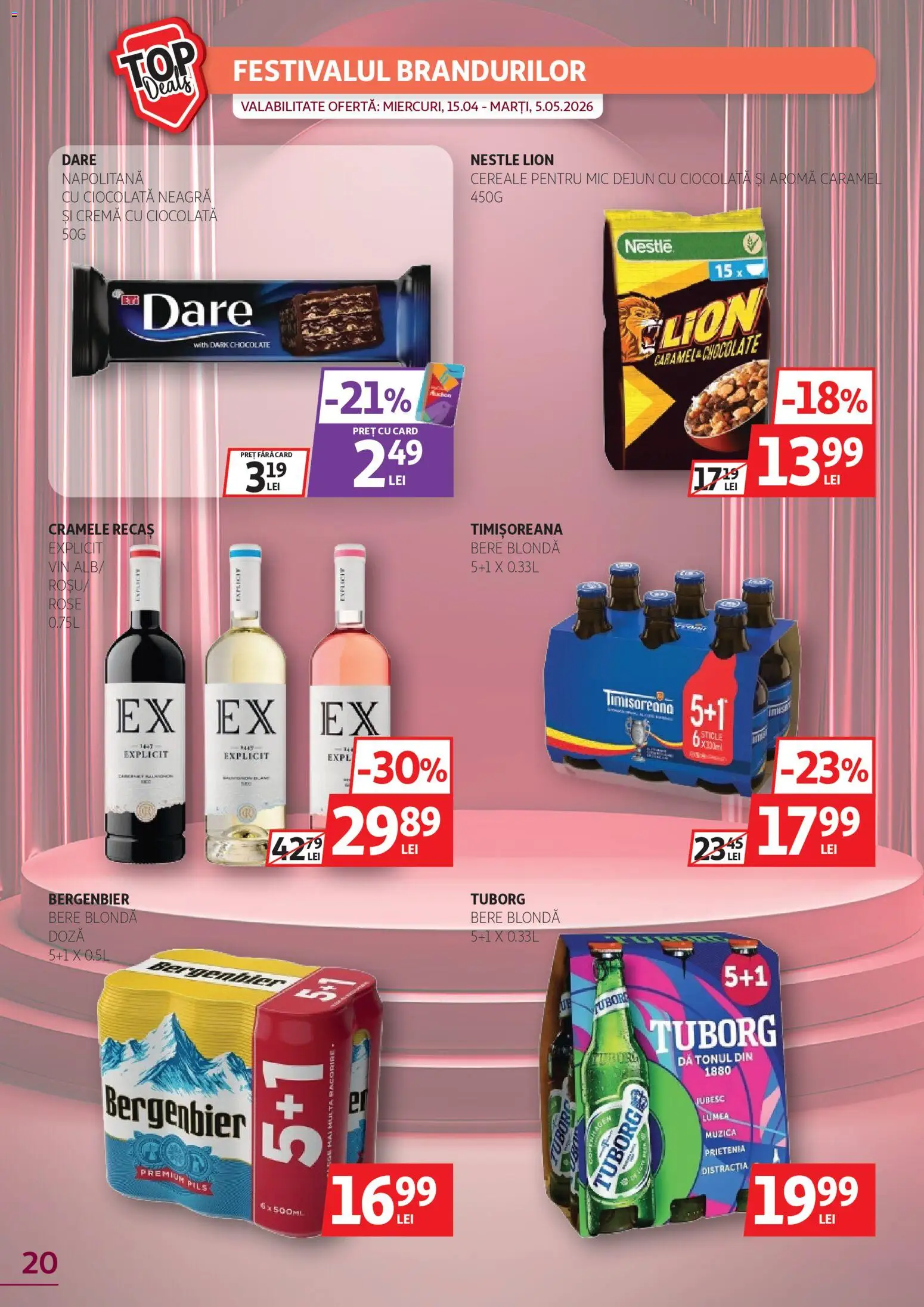 Noul catalog Auchan – valabil de la 22.04.2026 | Pagină: 20 | Produse: Ciocolată, Bere, Plastik Kulübe, Sos