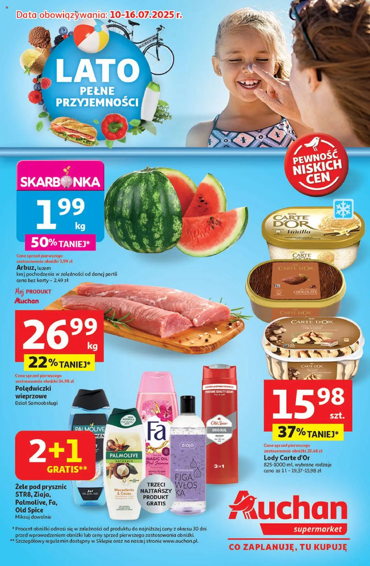 Auchan Gazetka od 10.07.2025 | Strona: 1 | Produkty: Polędwiczki wieprzowe, Prysznic, Lody, Old spice