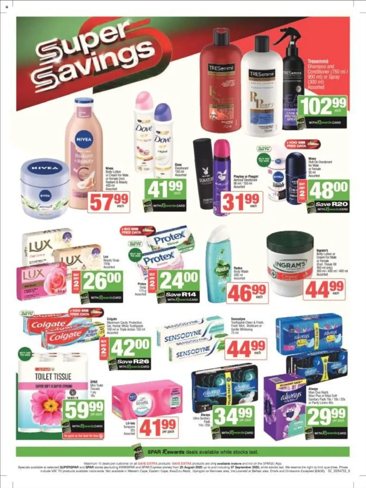 Spar - Gauteng - Weekly Specials │ valid from 25.08.2025 | Page: 9 | Products: TV, Deodorant, Toothpaste, Panty liners