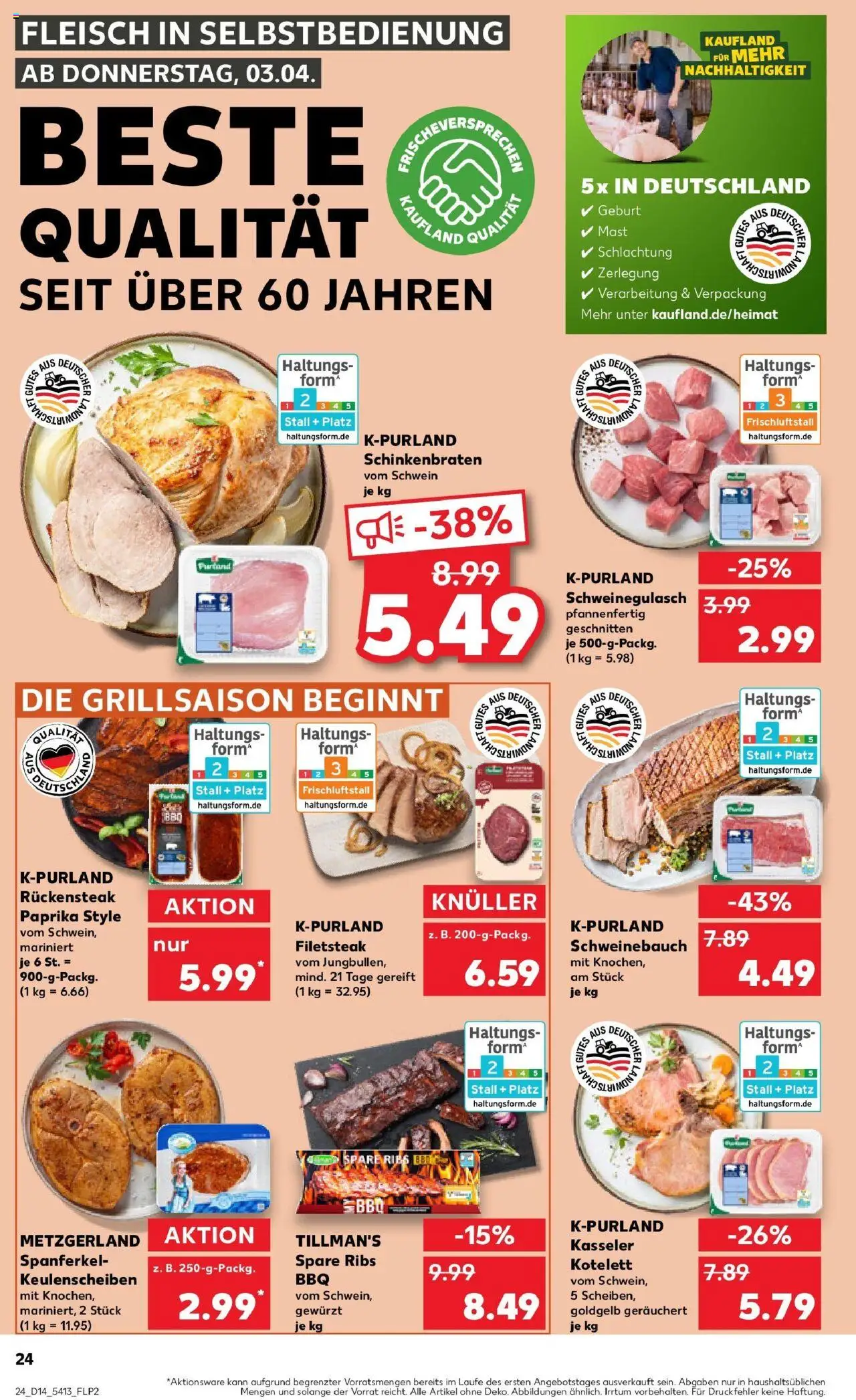 Kaufland - Moers-Hochstraß, Römerstraße 570 - gültig ab dem 03.04.2025 | Seite: 24 | Produkte: Schweinegulasch, Schweinebauch, Paprika, Fleisch