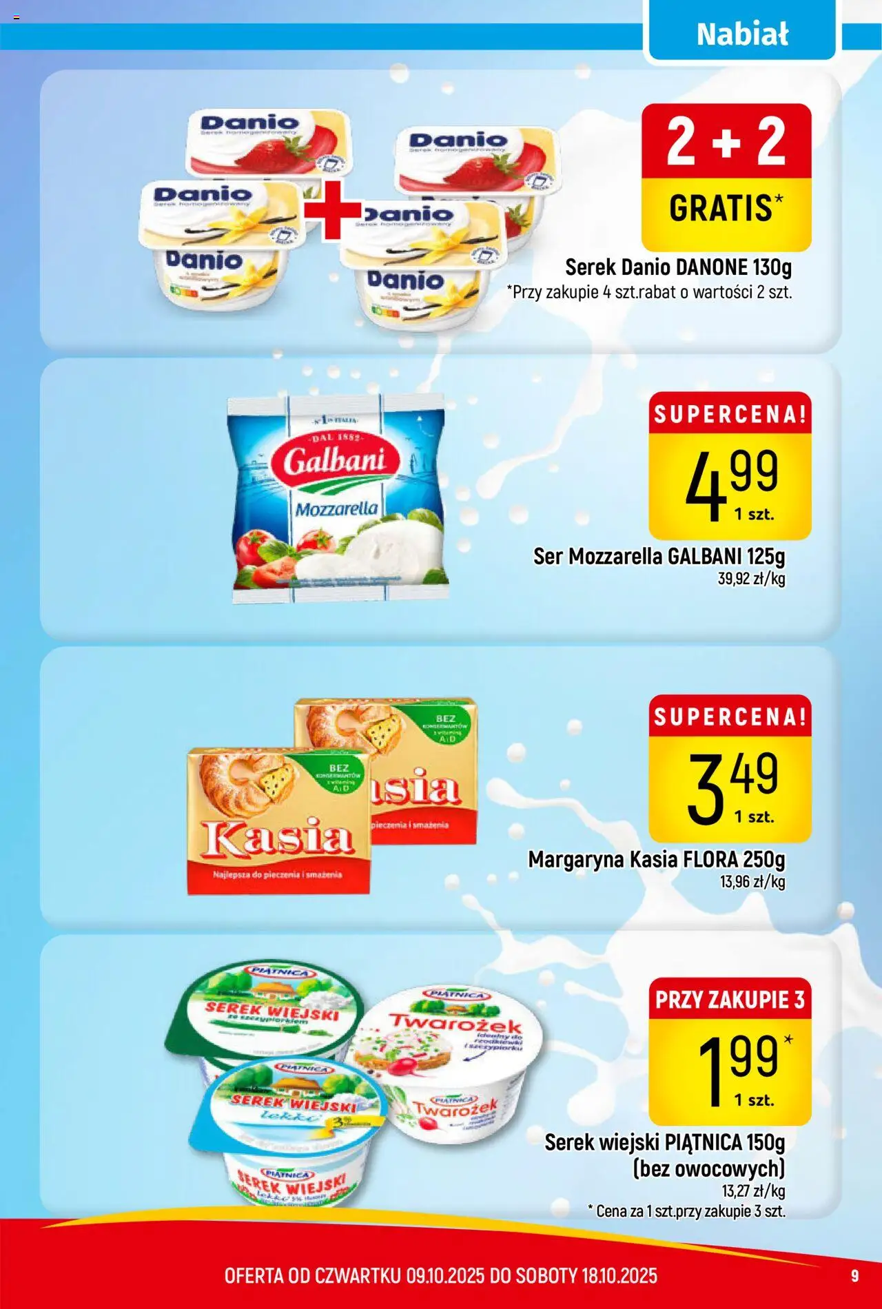 Piotruś Pan Gazetka od 09.10.2025 | Strona: 9 | Produkty: Margaryna kasia, Serek wiejski, Margaryna, Mozzarella