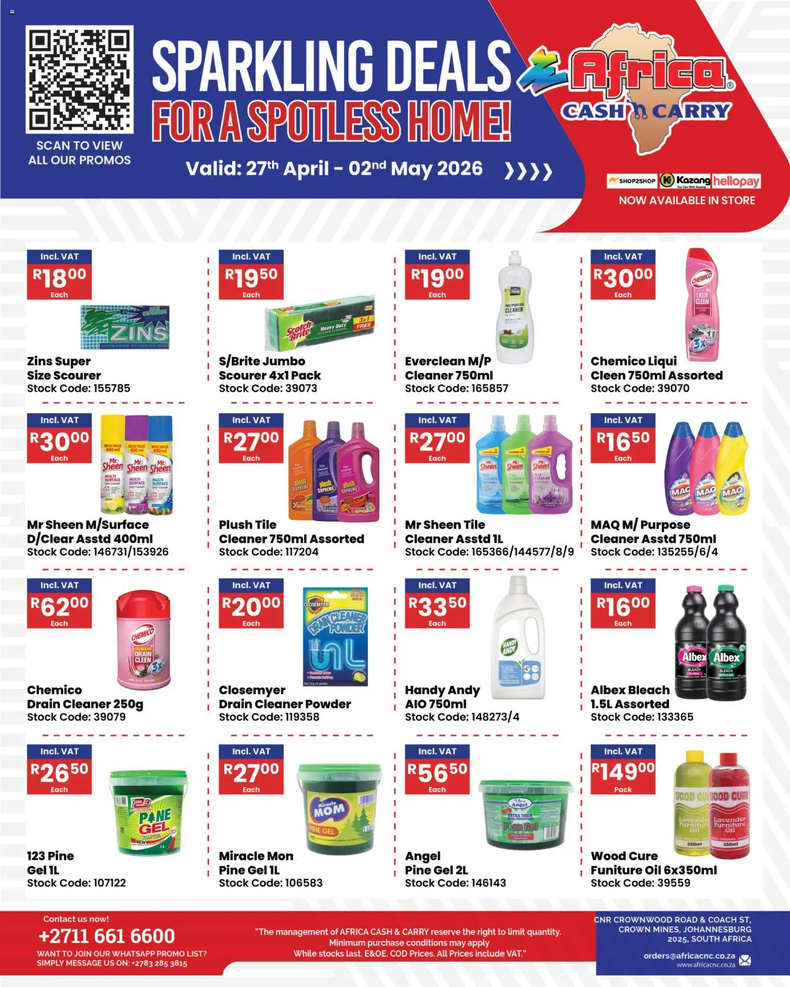 New Africa Cash & Carry catalogue – valid from 27.04.2026 | Page: 1 | Products: Surface cleaner, Oil, Powder, Stock