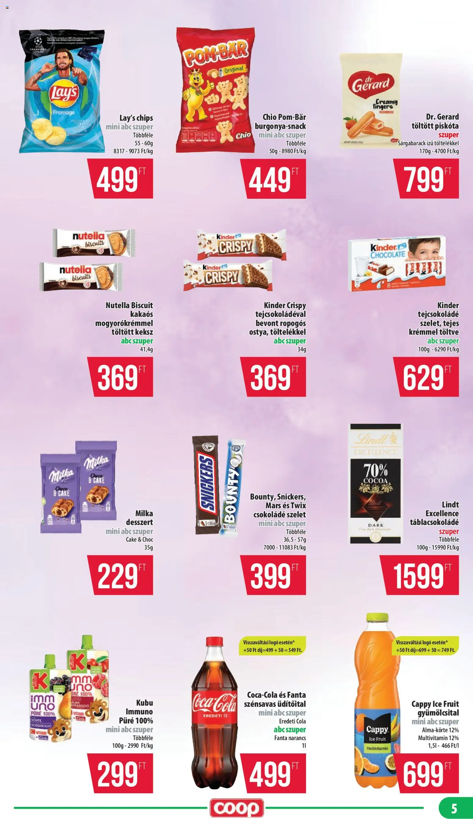 COOP akciós ujság - amely érvényes a következő dátumtól: 23.04.2026 | Oldal: 5 | Termékek: Chips, Gyümölcsital, Csokoládé, Keksz