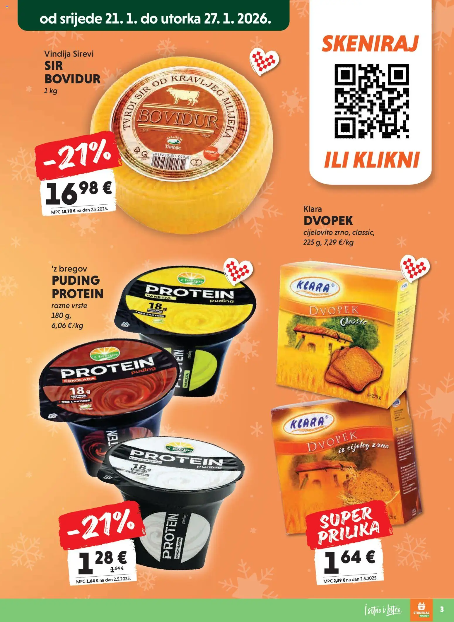 Studenac katalog | vrijedi od 21.01.2026 | Stranica: 3 | Proizvodi: Vindija, Protein puding, Sir, Dvopek