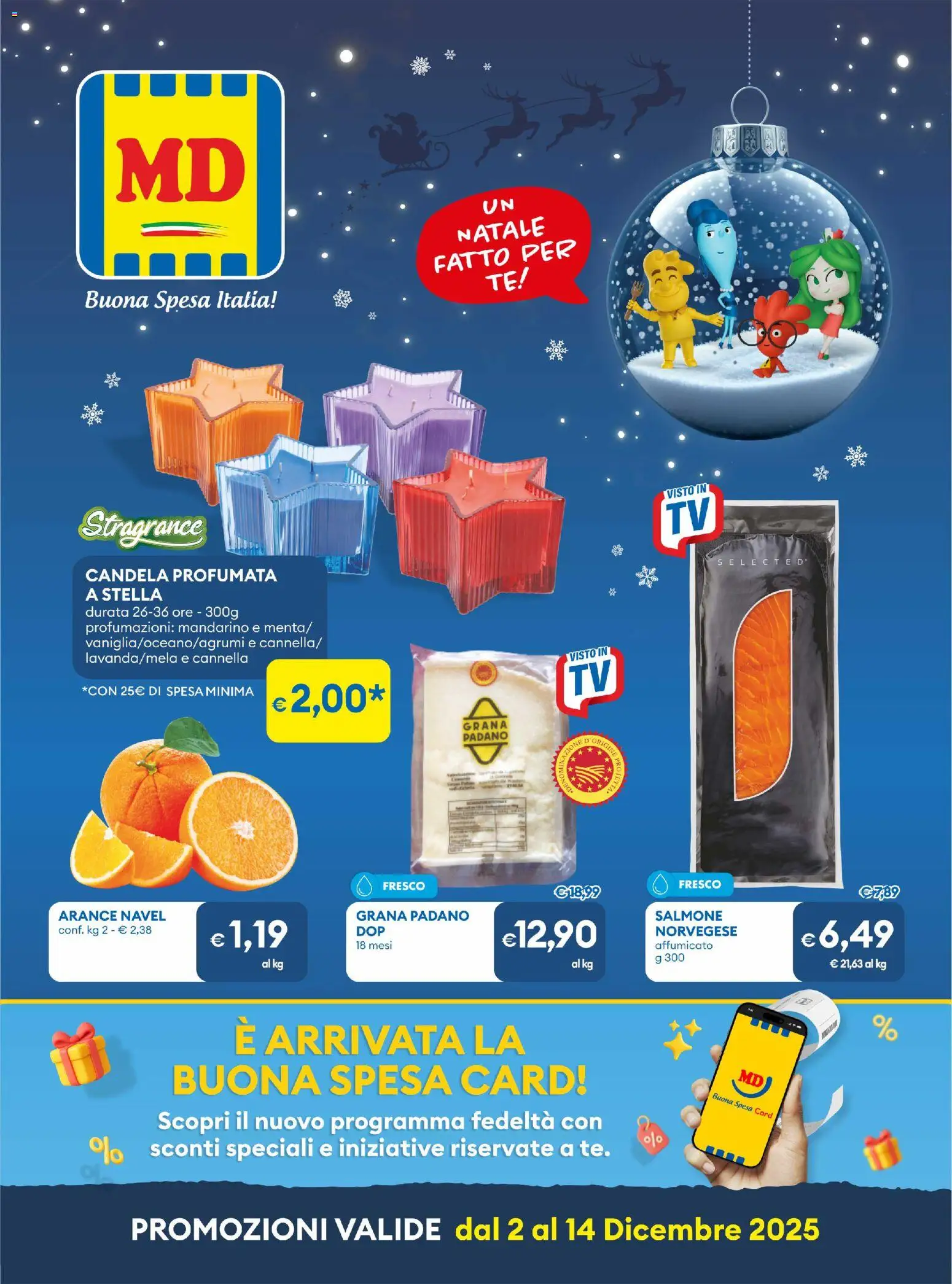 Volantino MD Discount del 02.12.2025 | Pagina: 1 | Prodotti: Salmone, Arance, Grana Padano, Candela