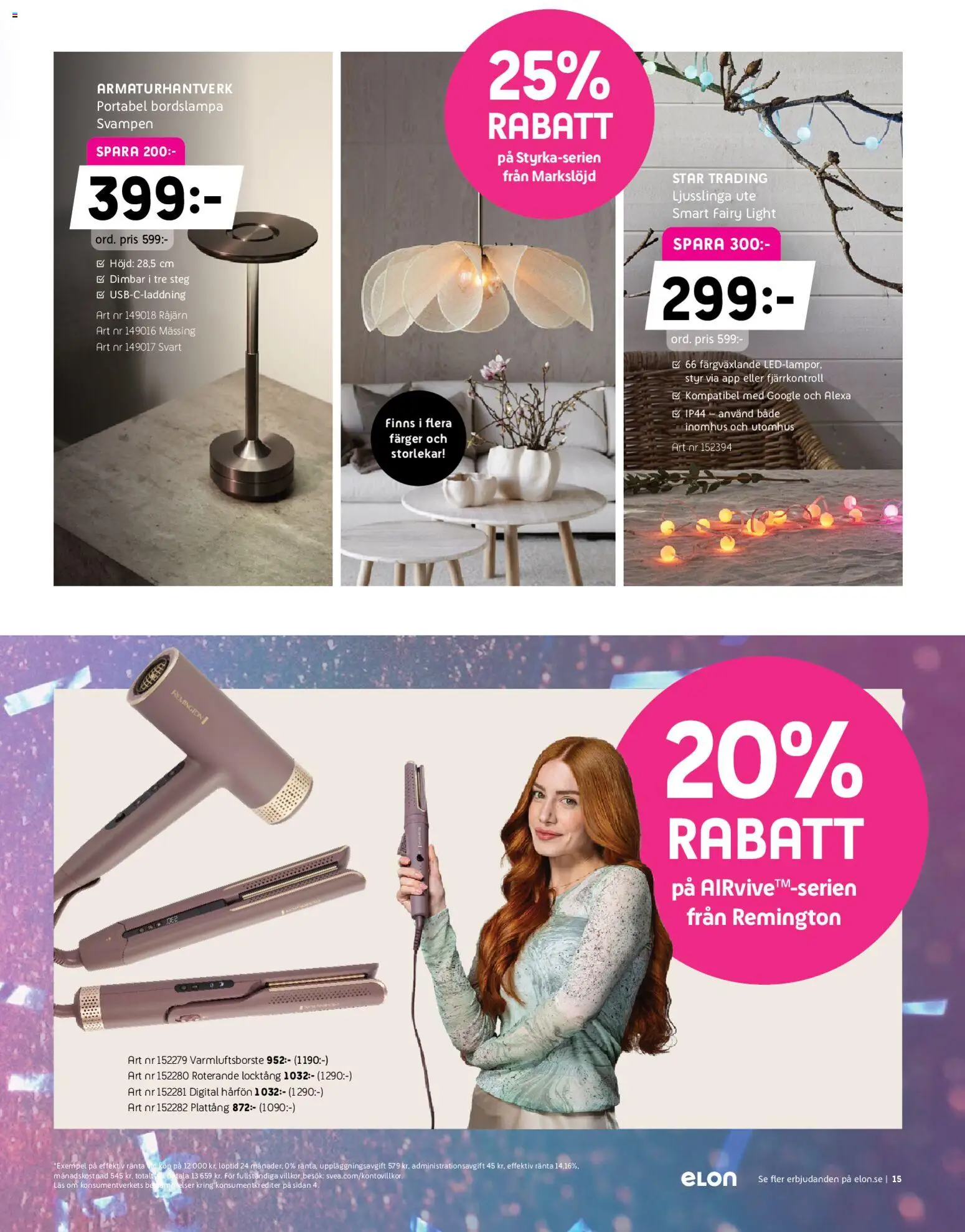 Elon reklamblad aktuell från 26.01.2026 | Sida: 15 | Produkter: Locktång, Plattång, Bordslampa, Ljusslinga