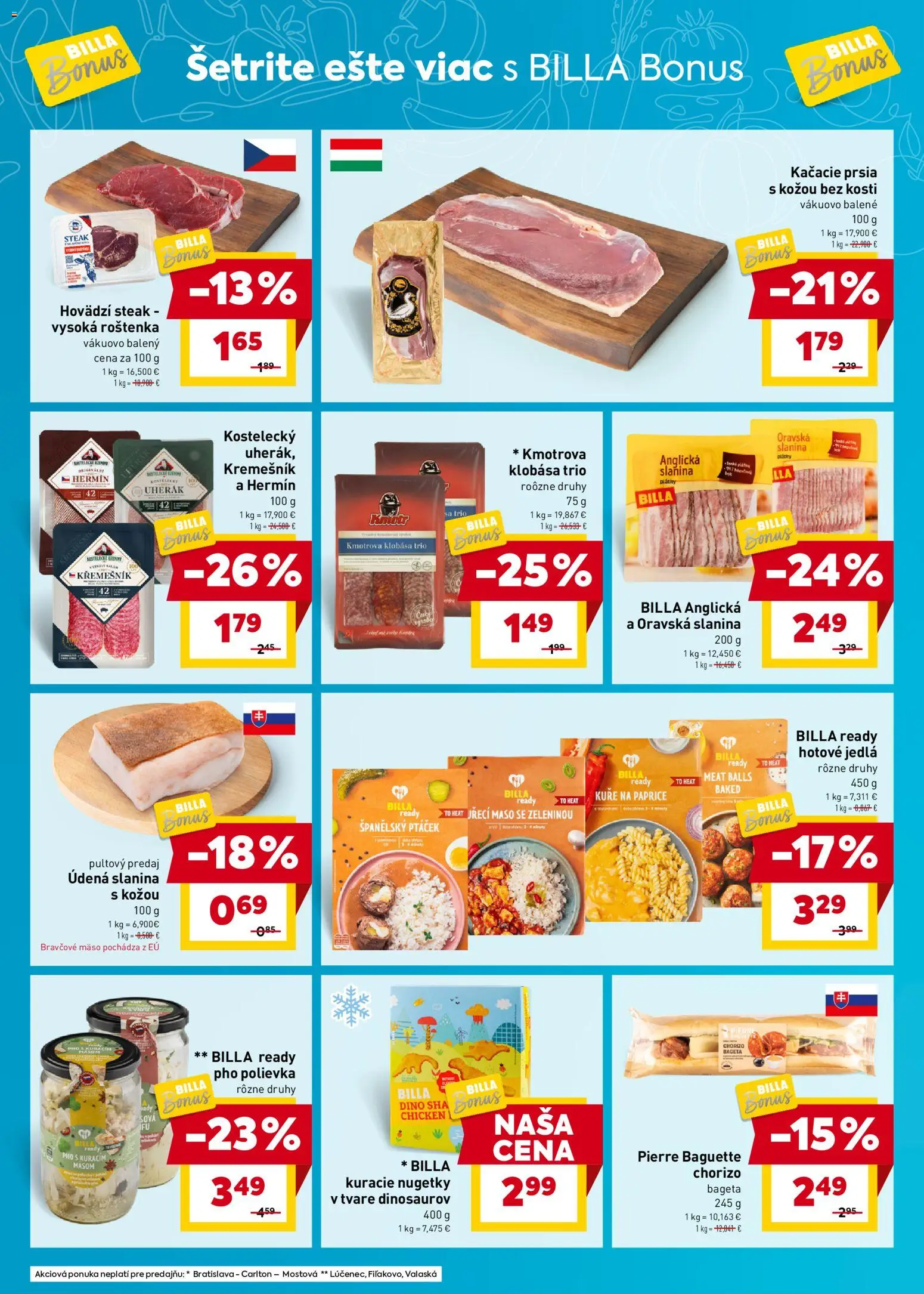 Nové Billa akcie – leták je platný od 17.12.2025 | Strana: 2 | Produkty: Kačacie prsia, Slanina, Klobása, Bravčové mäso