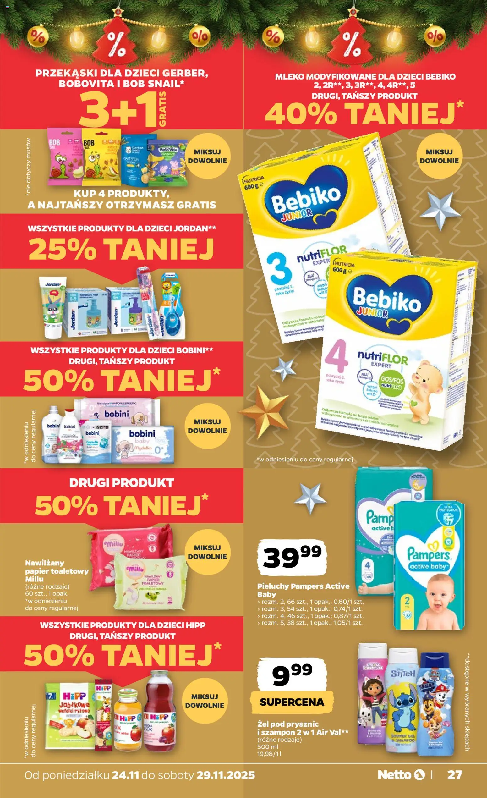 Netto gazetka od 24.11.2025 | Strona: 27 | Produkty: Papier toaletowy, Pampers, Bób, Mleko